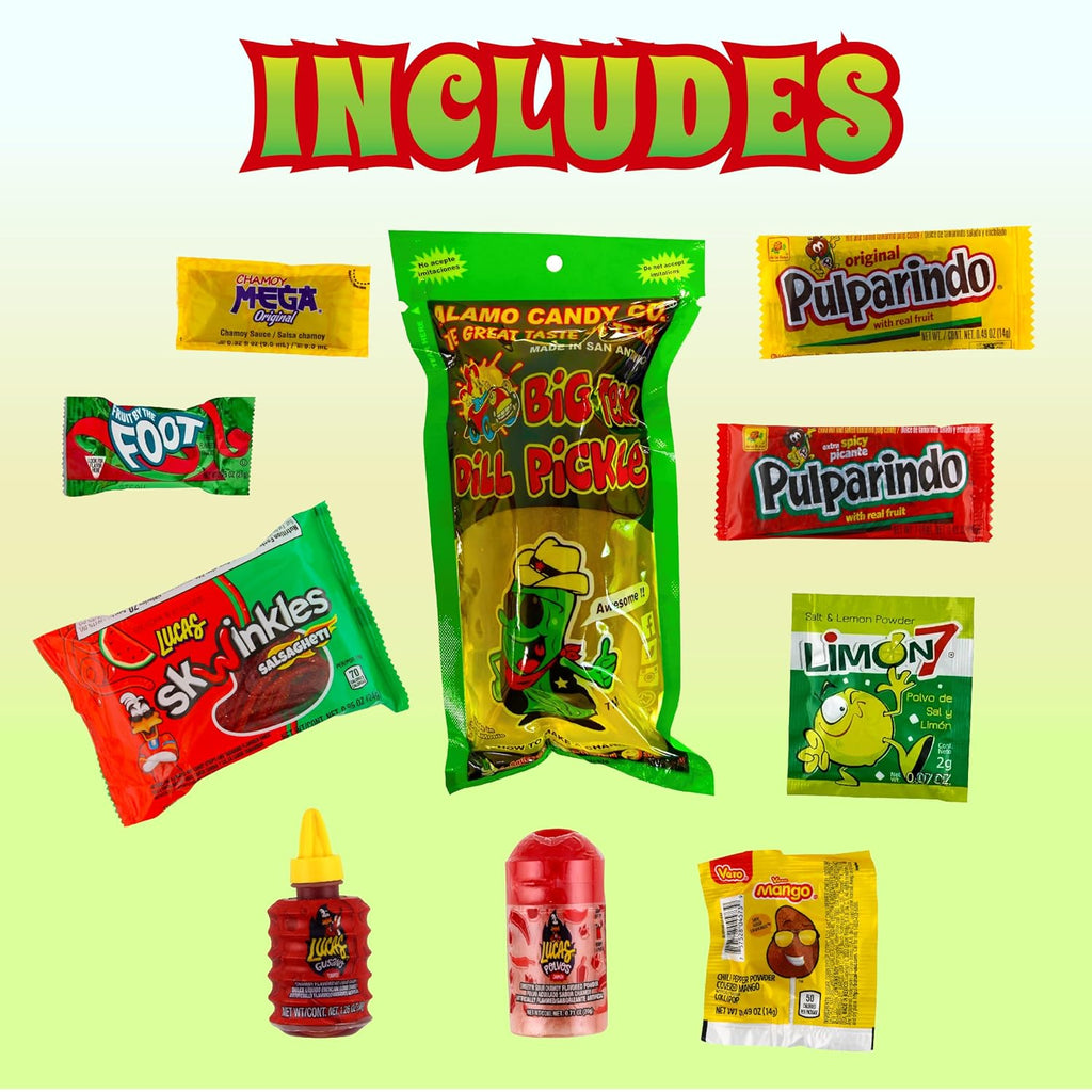 Alamo Dill Pickle Kit, Make Your Own Chamoy Kit, Make the Famous TikTok Trend, Includes Original Alamo Dill Pickle, Chamoy Sauce, Chips, Baby Lucas, Lucas Gusano, Salsaghetti, Mexican Candy & More by LookOn
