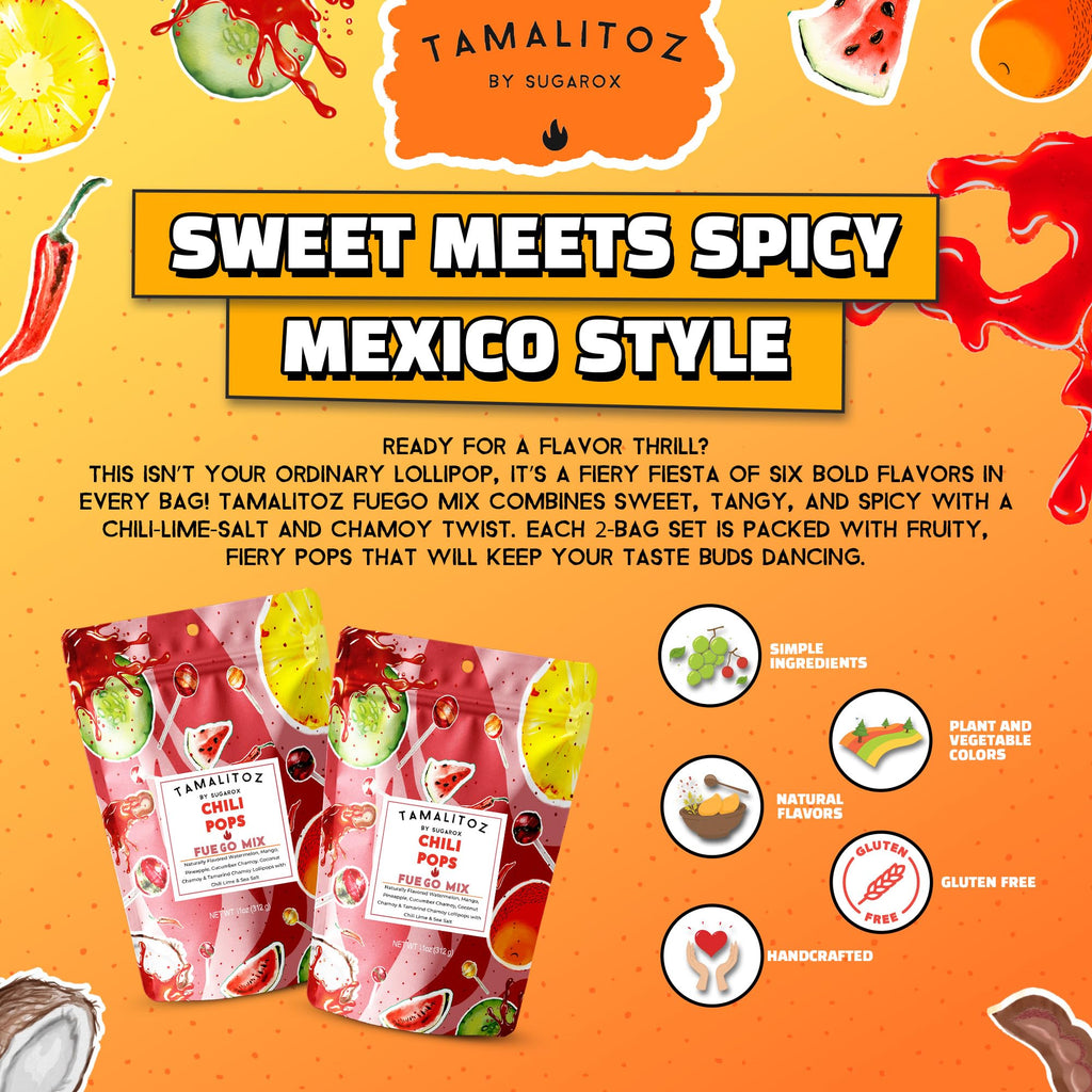 Tamalitoz Chili Pops Chamoy Spicy Mexican Lollipops with Chili, Lime, Sea Salt, Coconut, Tamarind & Cucumber Flavors Fruity Handcrafted Candy, Gluten-Free, Kosher, 2 Bags, (11oz)