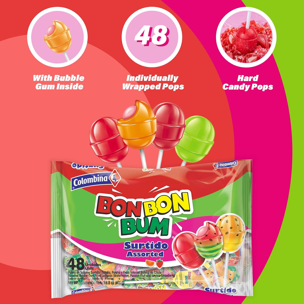 Colombina Bon Bon Bum Passion Fruit Lollipops, Tropical Fruit Hard Candy, Individually Wrapped Candy Pops for Parties, Candy Bowl Refill, Office or Classroom Rewards, 24 Count