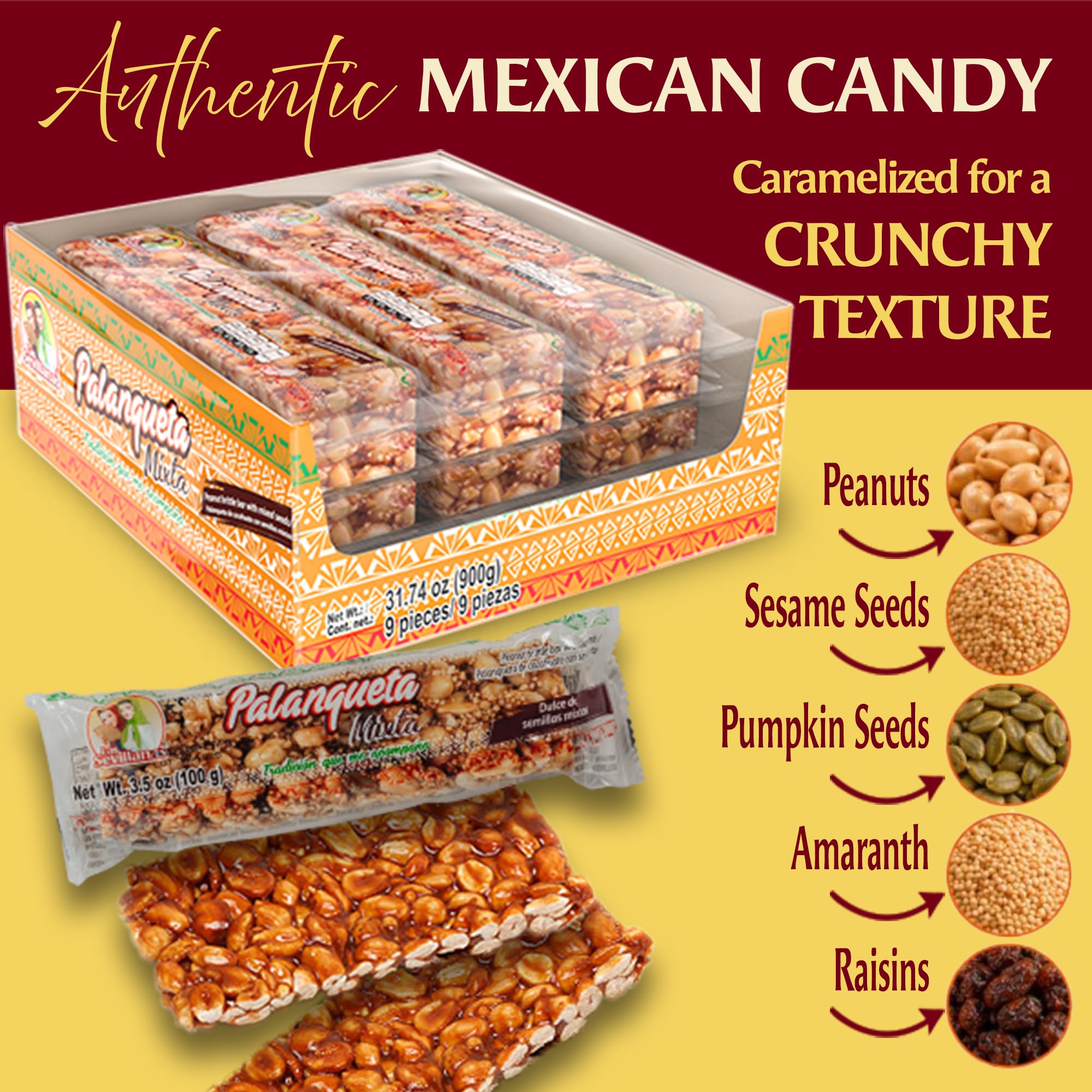 Las Sevillanas Peanut Brittle – Crunchy Peanut & Mixed Seeds Bar, Traditional Mexican Candy, Sweet Snack, 31.74 Oz/900g (Pack of 1)