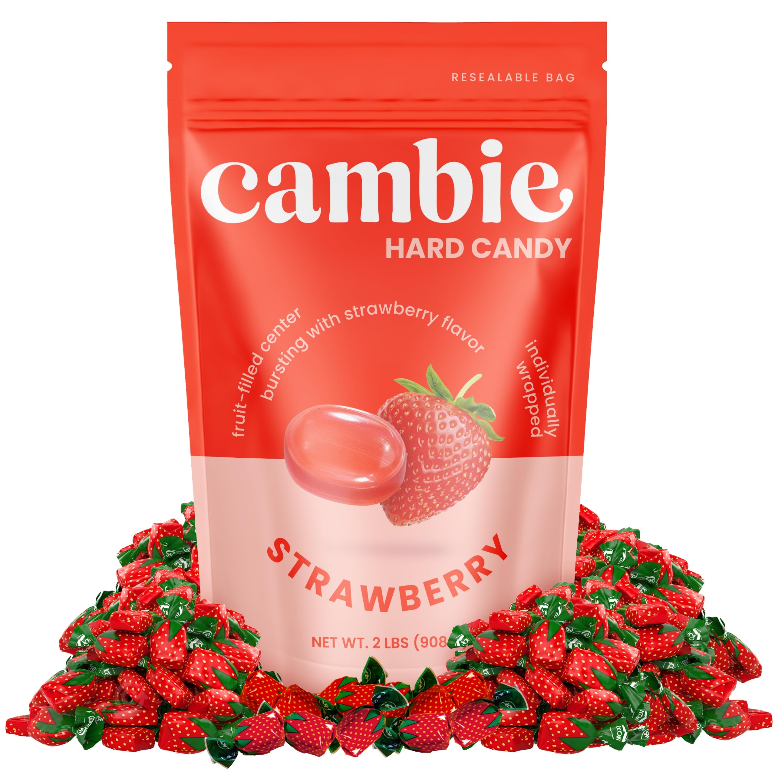 Strawberry Hard Candy Individually Wrapped by Cambie, 2 lbs of Strawberry Candy with a Deliciously Sweet Hard Exterior with a Soft, Fruit-Filled Center