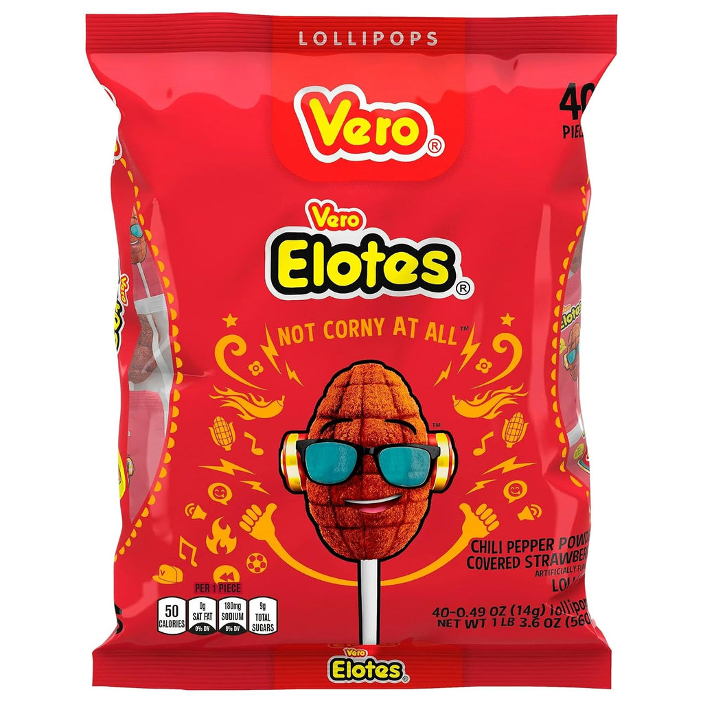 Vero Elotes Strawberry Flavored Lollipops Coated with Chili Powder 40 Count Bag (Net Wt. 22.4 Ounces) - Corn Shaped Mexican Candy - Individually Wrapped Lollipops for Piñatas, Halloween, and More.