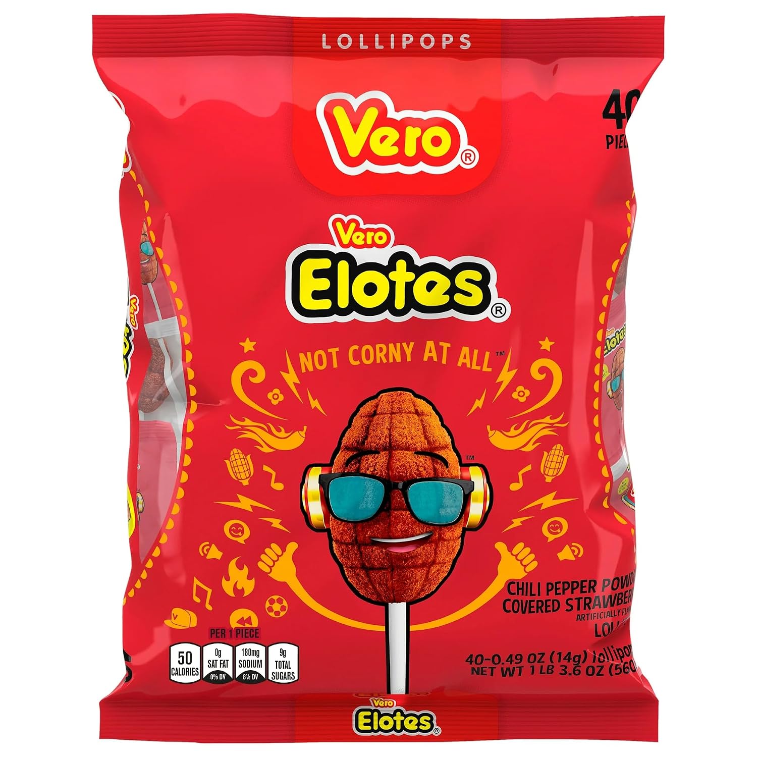 Vero Elotes Strawberry Flavored Lollipops Coated with Chili Powder 40 Count Bag (Net Wt. 22.4 Ounces) - Corn Shaped Mexican Candy - Individually Wrapped Lollipops for Piñatas, Halloween, and More.