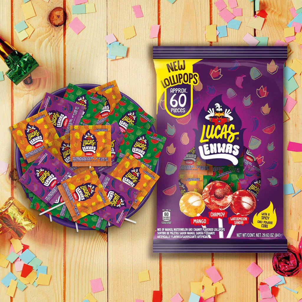 Lucas Lenwas Lollipops Variety Pack with Spicy Chili Powder Core, Mango, Chamoy & Watermelon Flavors, 60 Count, 29.63 oz (Pack of 1)