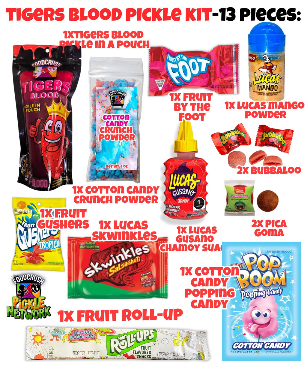 Blue Raspberry Pickle Kit With Takis-Mexican Candy Gift Box From Tiktok Fruit Rollup, Lucas Gusano Chamoy, Lucas Swinkles Salsagheti, Gushers, Mango Candy Powder-Tiktok Trend Item by Food Crush