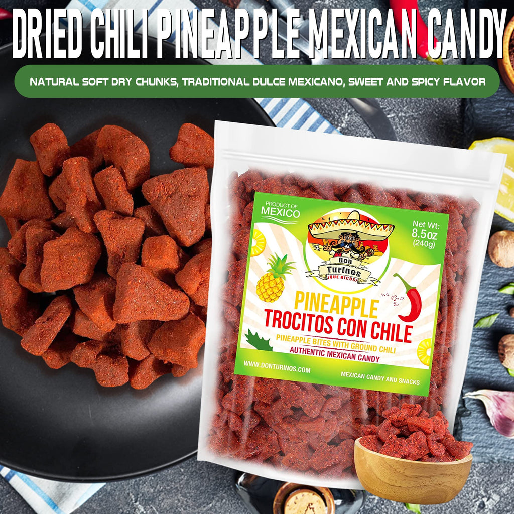 Dried Chili Pineapple Mexican Candy , 8.5 oz, Natural Soft Dry Chunks, Traditional Dulce Mexicano, Sweet and Spicy Flavor, by Don Turinos
