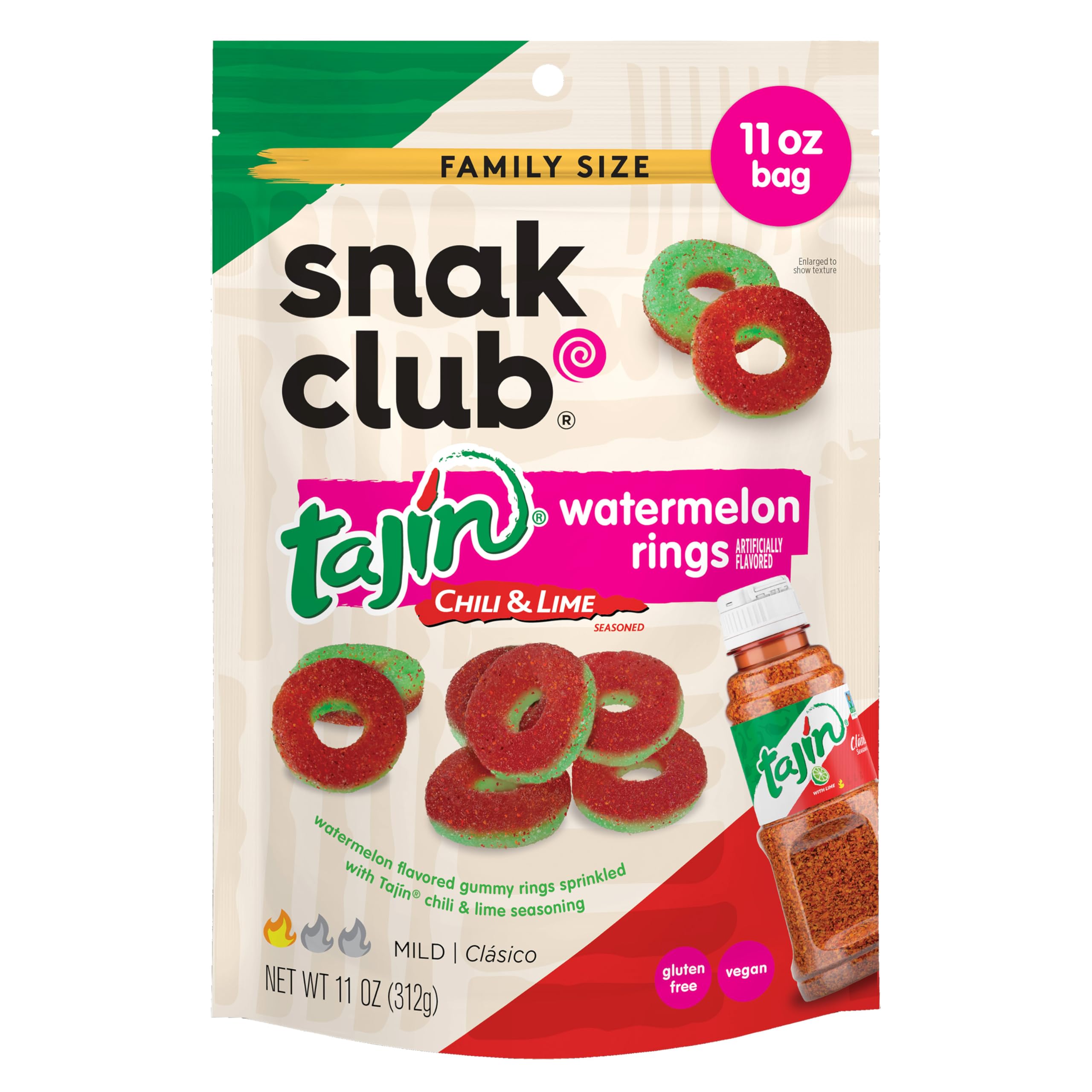 Snak Club Tajin Mango Rings Gummy Candy, Fruit Candy Gummies with Chili and Lime Seasoning, Mild, Gluten-Free and Vegan Snacks, 11 oz Resealable Bag