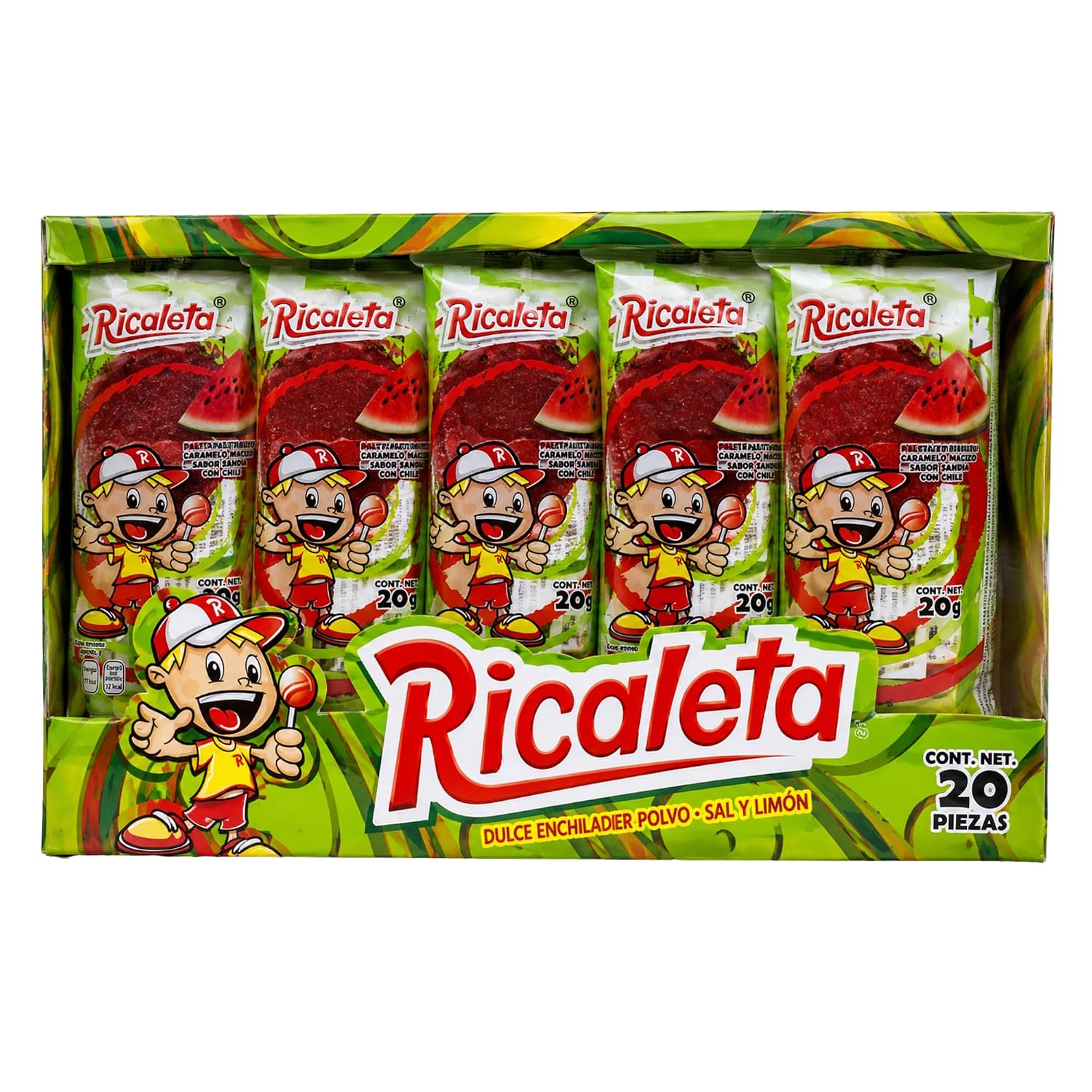 Ricaleta Paletas Sabor Sandia Watermelon Tamarindo Candy Box, Spicy Candy Style Tamarindo Candies for Parties, Kids Treat Bags, Pinatas and Fun Snacking, 25 Count Individually Wrapped