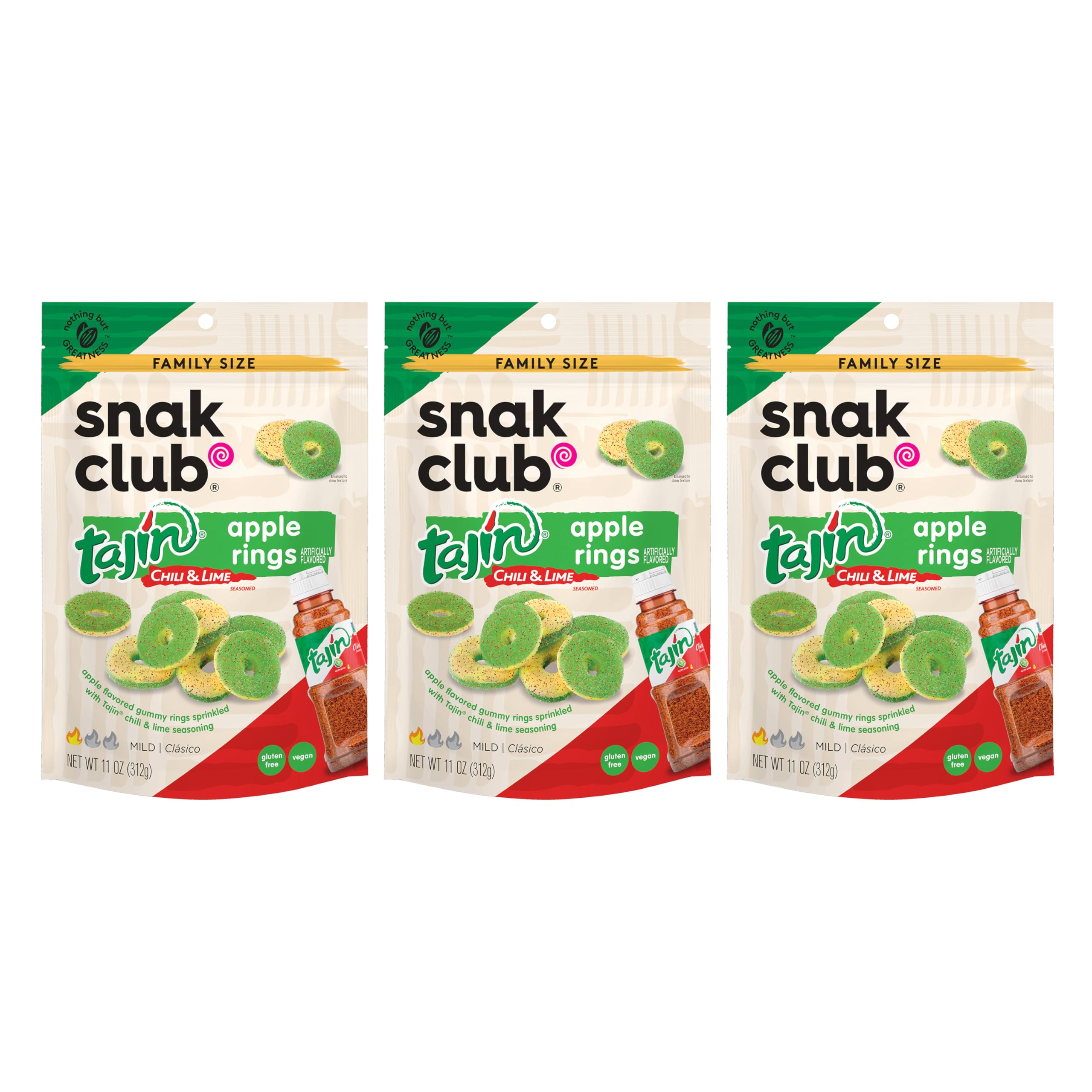 Snak Club Tajin Pineapple Rings Gummy Candy, Fruit Candy Gummies with Chili and Lime Seasoning, Mild, Gluten-Free and Vegan Snacks, 11 oz Resealable Bag