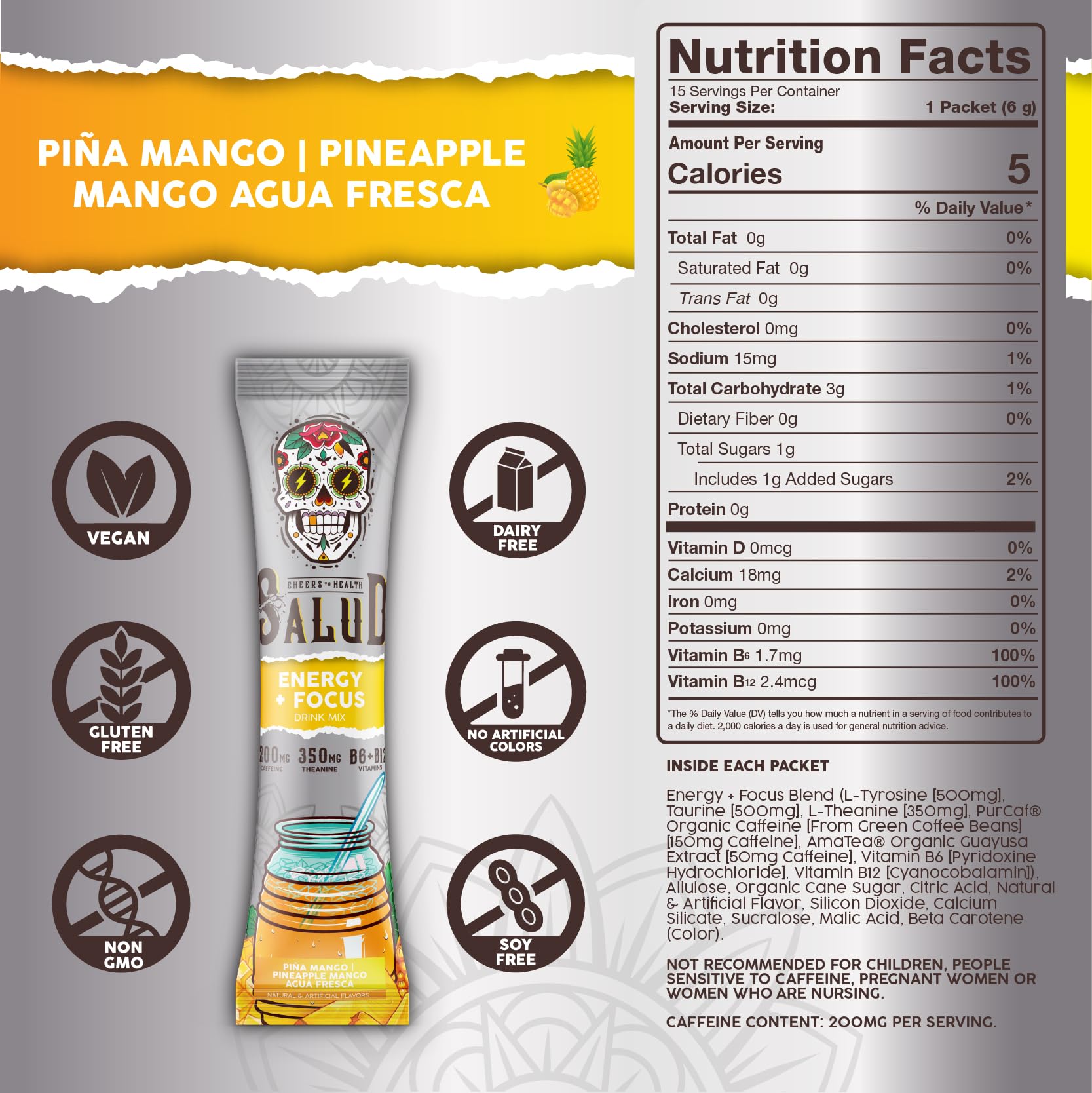 Salud x Jarritos 2-in-1 Energy Drink Powder + Focus, Lime, Organic Caffeine, B6 + B12, Theanine, Clean Energy Drink Packets, Limon Agua Fresca Mix, Non-GMO, Gluten Free, 1g of Sugar, (15 Servings)