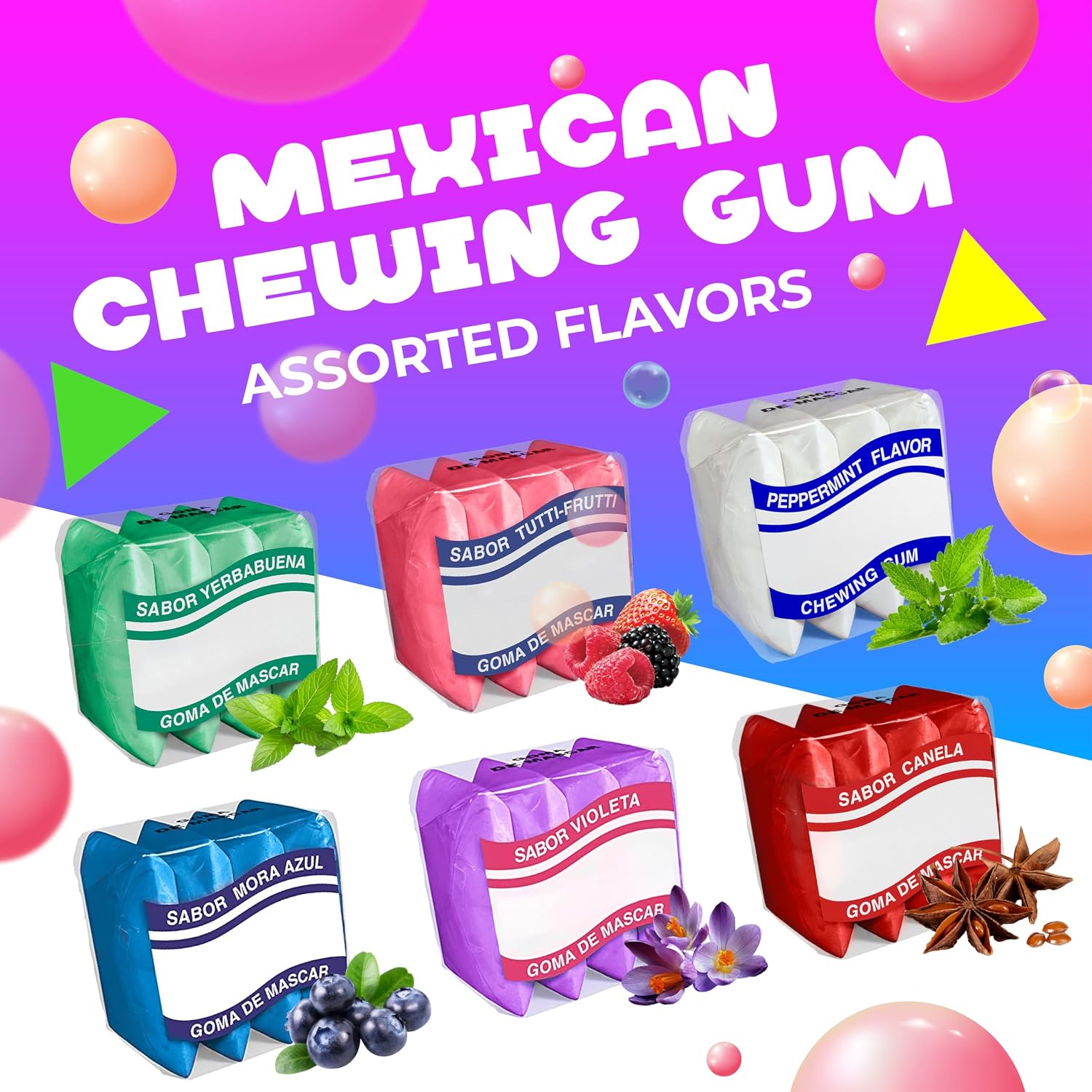 Mexican Chewing Gum, Assorted Flavors, 90 Mini Packs, 1 Lb Bag | Violet, Fruit, Mint, Cinnamon, Individually Wrapped Gum Bulk
