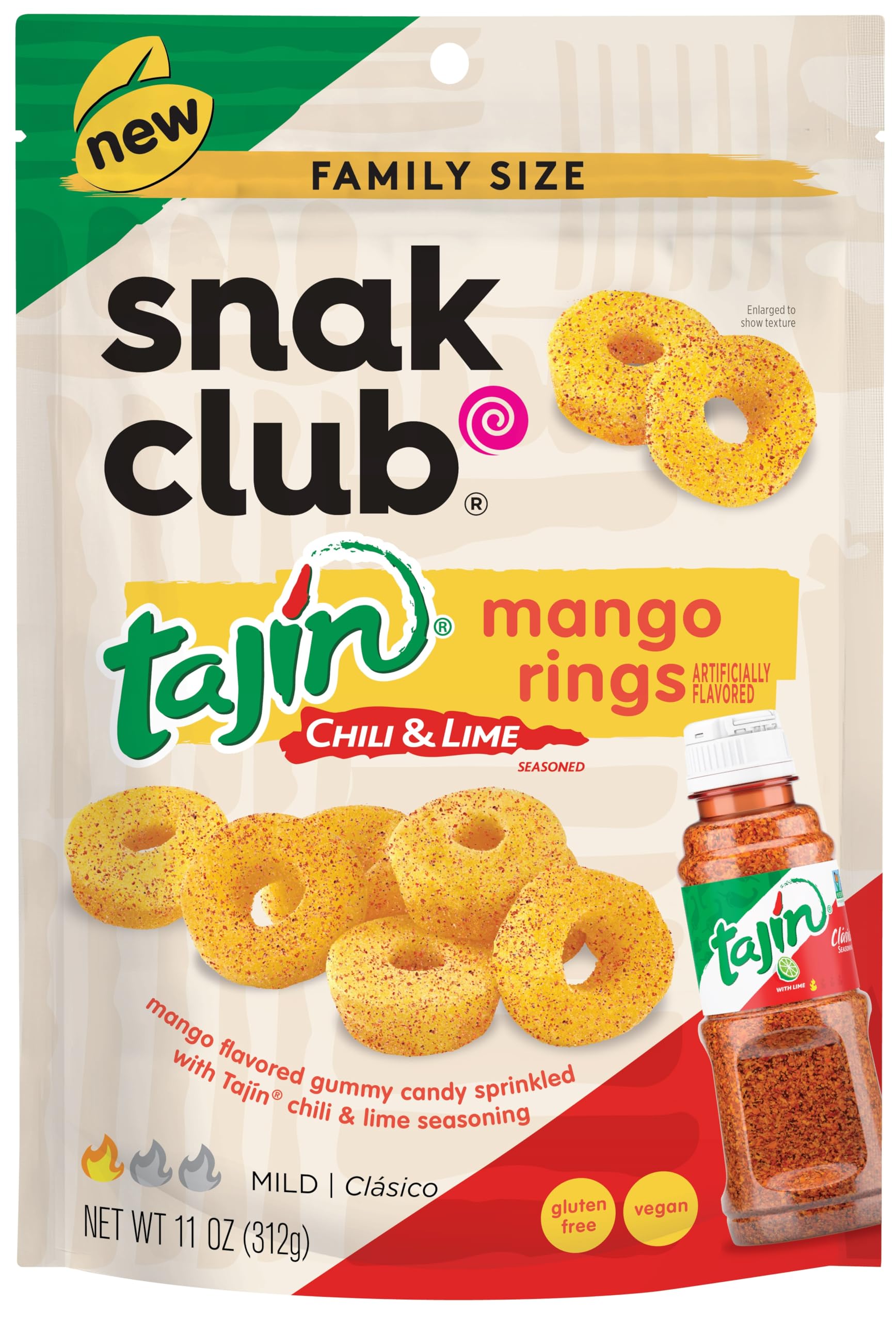 Snak Club Tajin Pineapple Rings Gummy Candy, Fruit Candy Gummies with Chili and Lime Seasoning, Mild, Gluten-Free and Vegan Snacks, 11 oz Resealable Bag