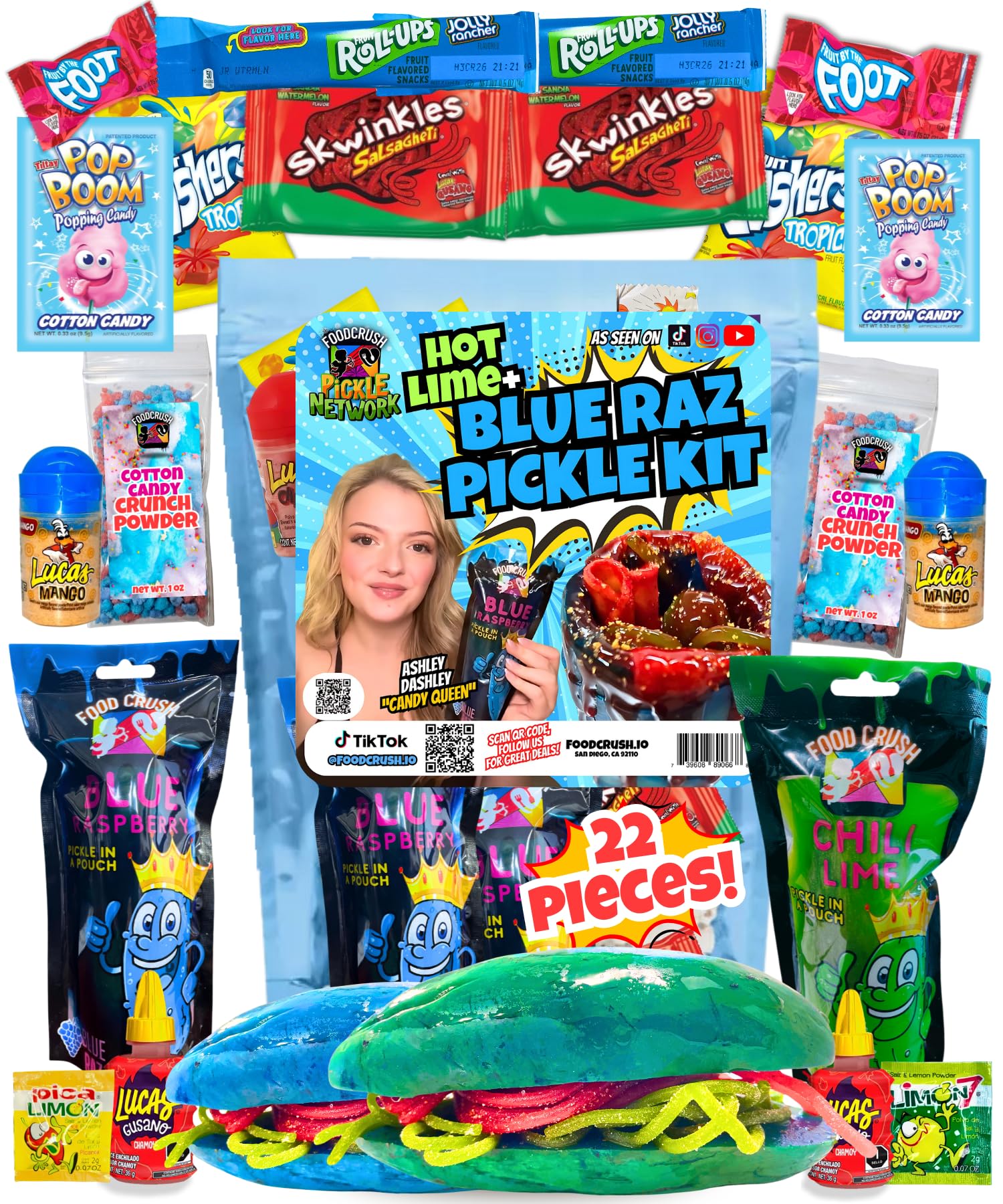 Chamoy Pickle Kit For 2 + Blue Raspberry Pickle Kit-(22 Pieces) Tiktok Candy Gift w Fruit Roll ups, skwinkles & other Mexican candy. Christmas gifts for kids, teen girl, boy