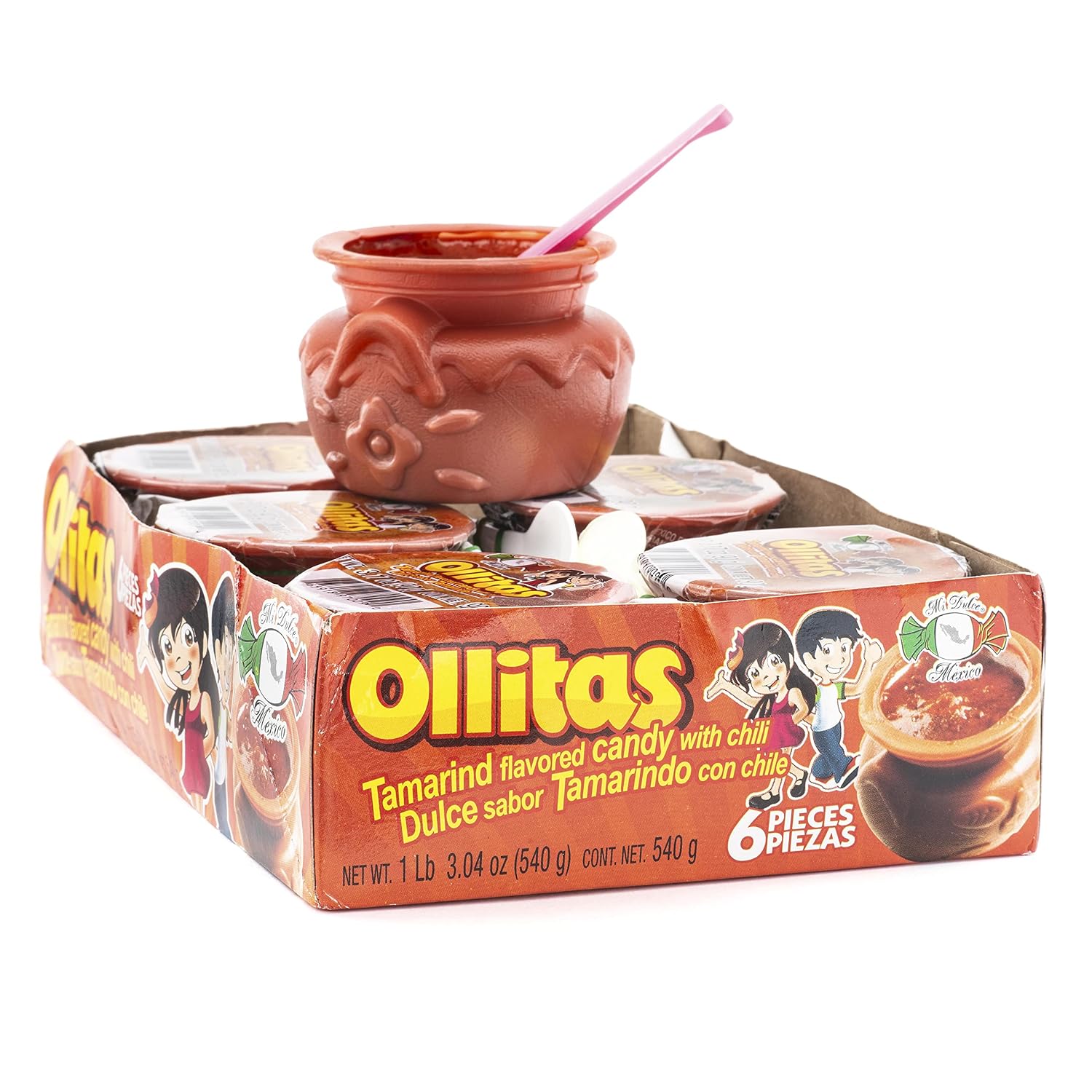 MDM OLLITAS Soft Tamarind flavored candy w/chili in plastic pot 6ct 1b 3.04oz (540g)