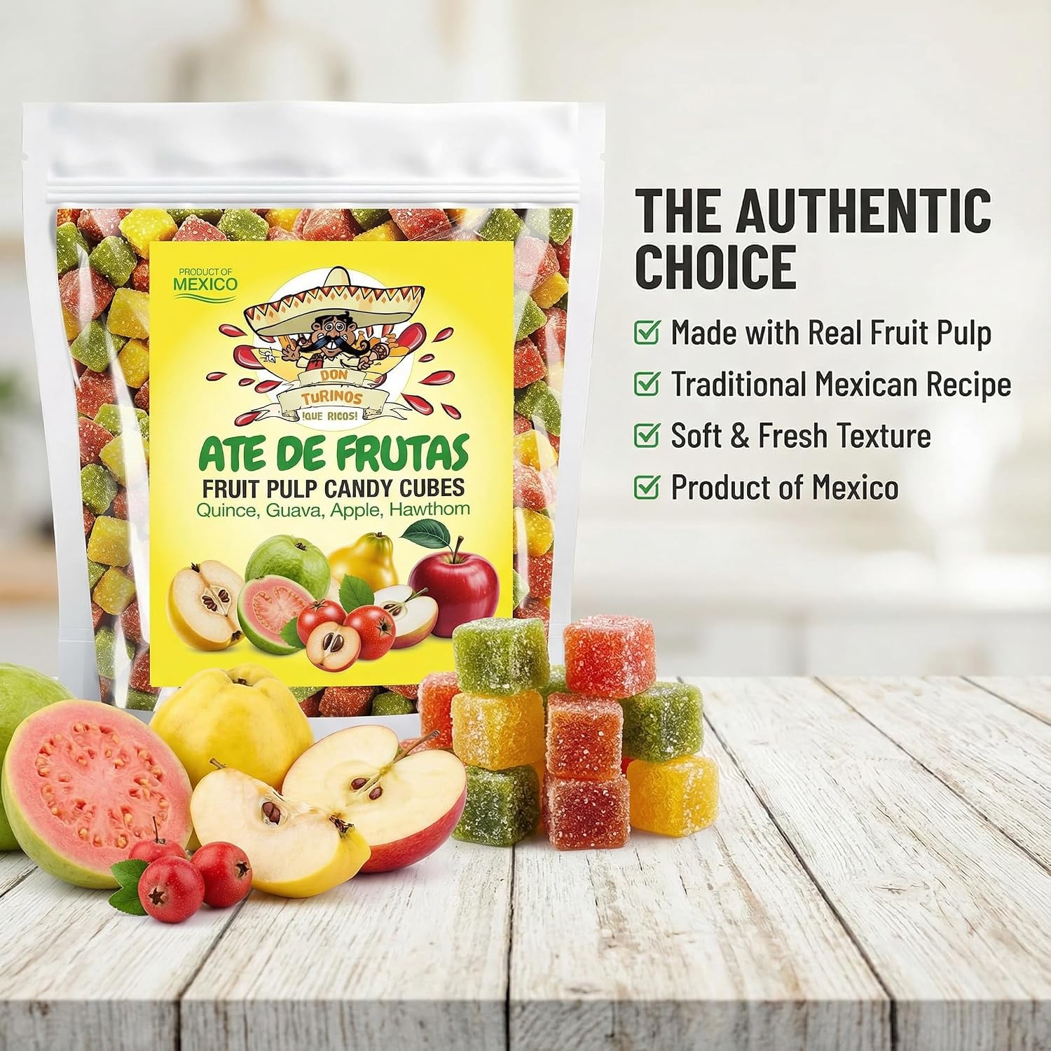 Mexican Candy Fruit Cubes - Ate de Frutas with Guava, Quince, Apple, Hawthorn, Authentic Fruit Pulp Candy, Gluten-Free Sweets By Don Turinos