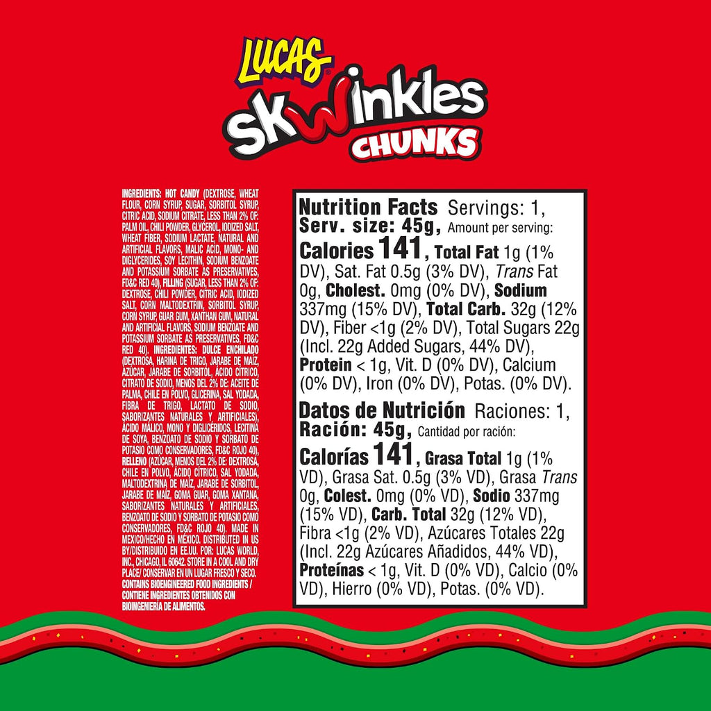 Lucas Skwinkles Candy Chunk Watermelon Flavored with Tamarind Filling 1.60oz, 6 pieces Pack – Watermelon & Tamarind perfect for Summer treats