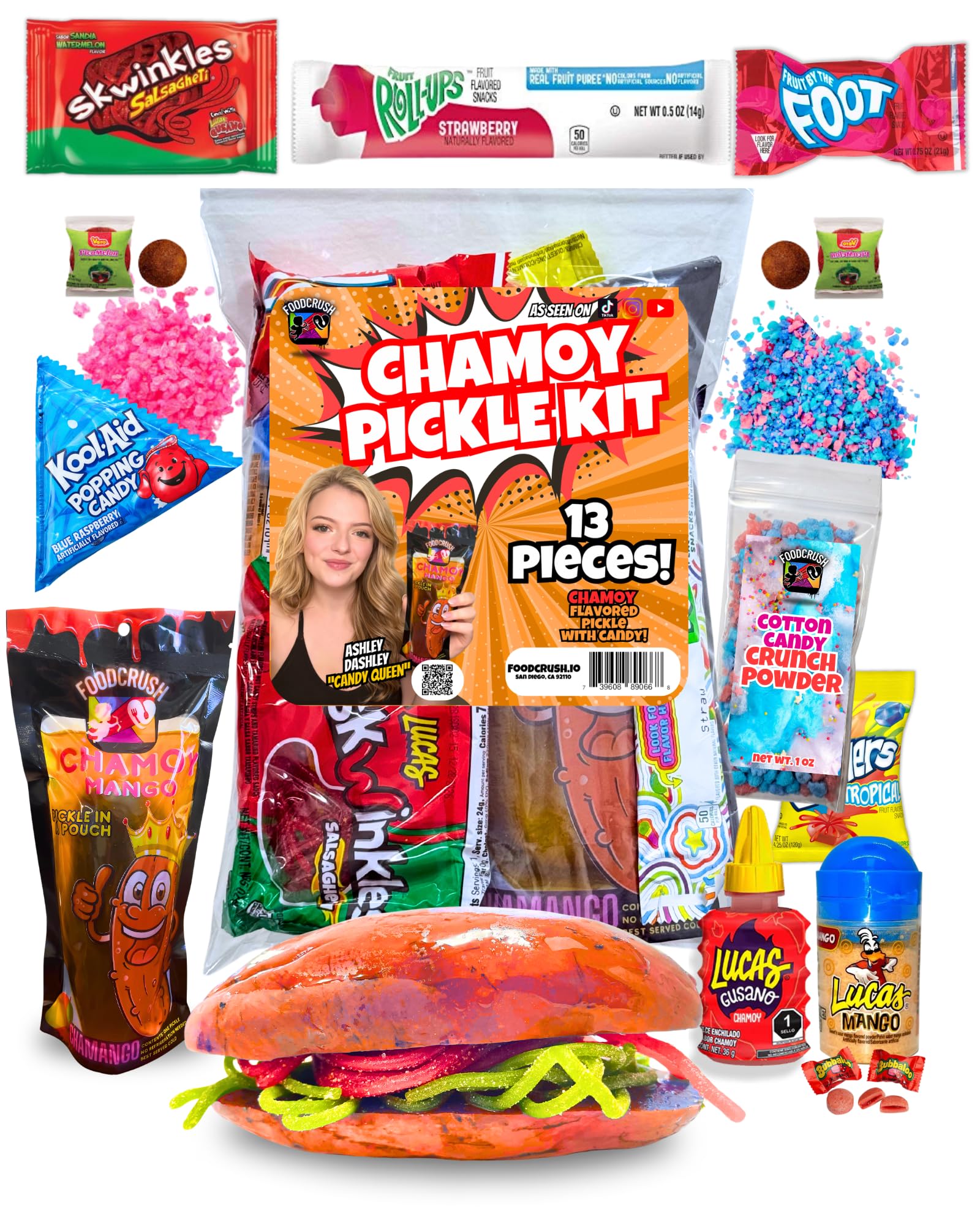 Blue Raspberry Pickle Kit With Takis-Mexican Candy Gift Box From Tiktok Fruit Rollup, Lucas Gusano Chamoy, Lucas Swinkles Salsagheti, Gushers, Mango Candy Powder-Tiktok Trend Item by Food Crush