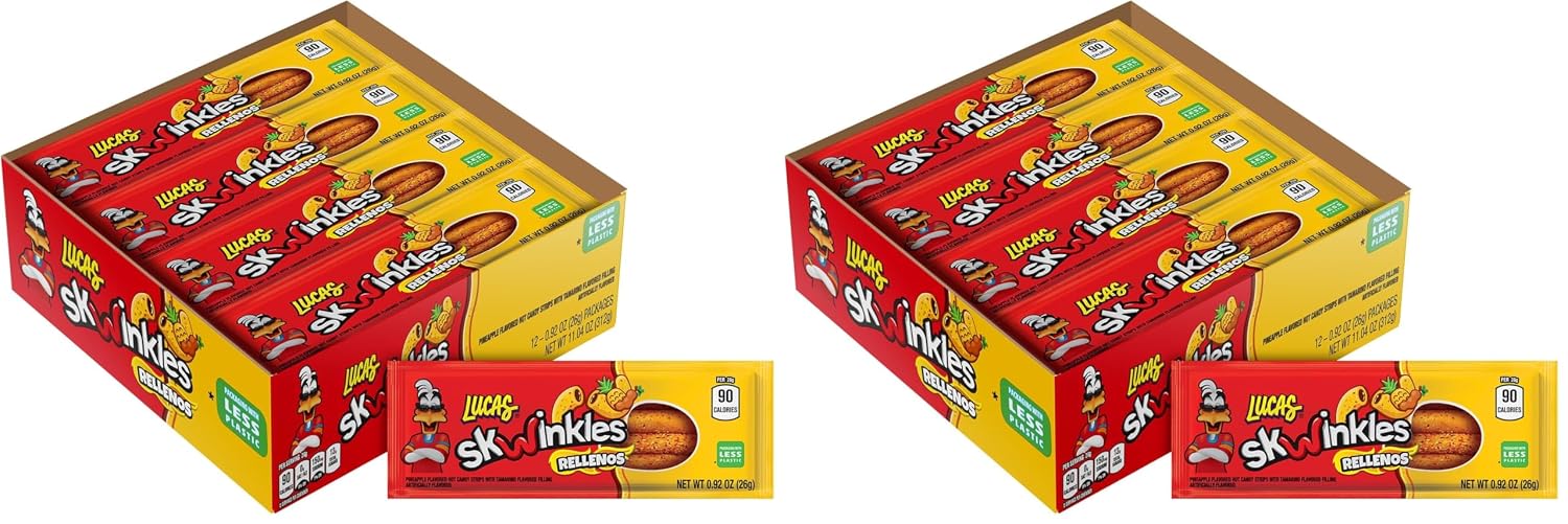 Lucas Skwinkles Pineapple - Tamarind Filled Flavored Sweet & Sour Candy Strips, 0.92oz - 12 Pieces for Treats, Fruit, Parties, Piñatas