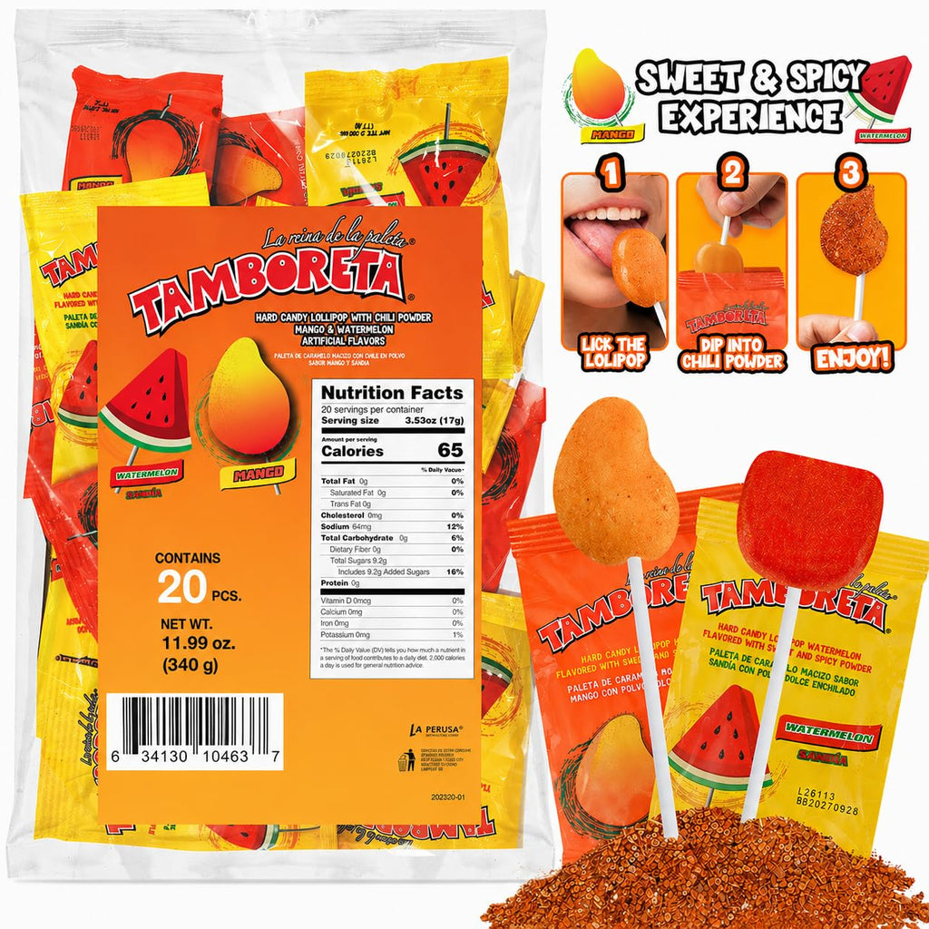 TAMBORETA Mexican Lollipops with Chili Powder 20 Count 11.99 oz (340 g) - Hard Candy Suckers Mango & Watermelon Flavors with Sweet & Spicy Chili Dip, Authentic Mexican Candy