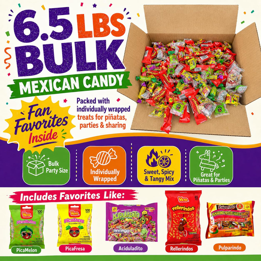 Mexican Candy Bulk (433 Count) 6.5 lbs, Dulces Mexicanos, Vero Rellerindos, Pulparindo, De La Rosa, Tamarind, Pinata Candy Mix, Halloween