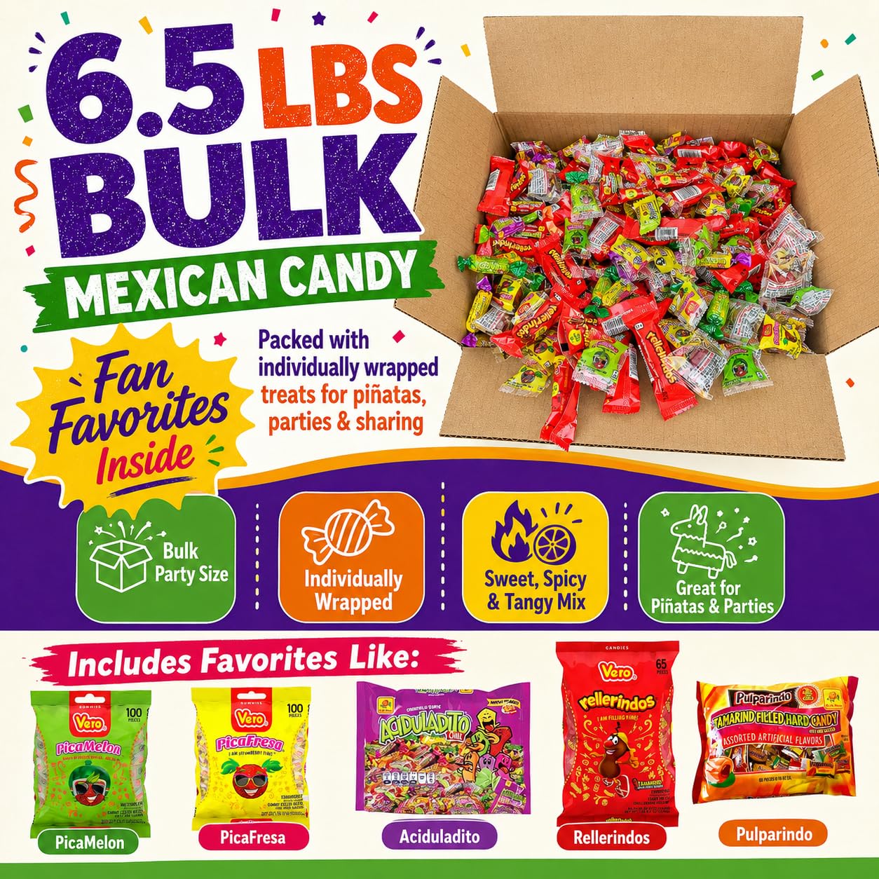 Mexican Candy Bulk (433 Count) 6.5 lbs, Dulces Mexicanos, Vero Rellerindos, Pulparindo, De La Rosa, Tamarind, Pinata Candy Mix, Halloween