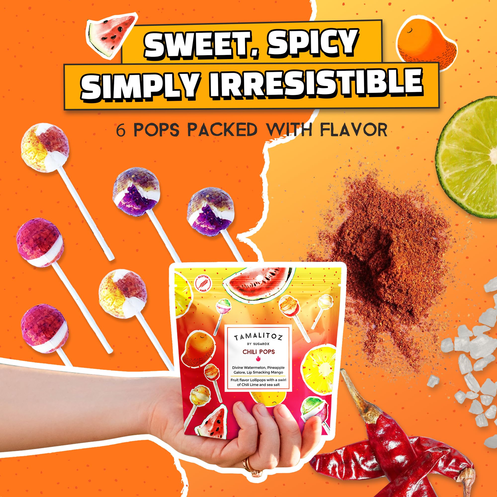 Tamalitoz Chili Pops Chamoy Spicy Mexican Lollipops with Chili, Lime, Sea Salt, Coconut, Tamarind & Cucumber Flavors Fruity Handcrafted Candy, Gluten-Free, Kosher, 2 Bags, (11oz)