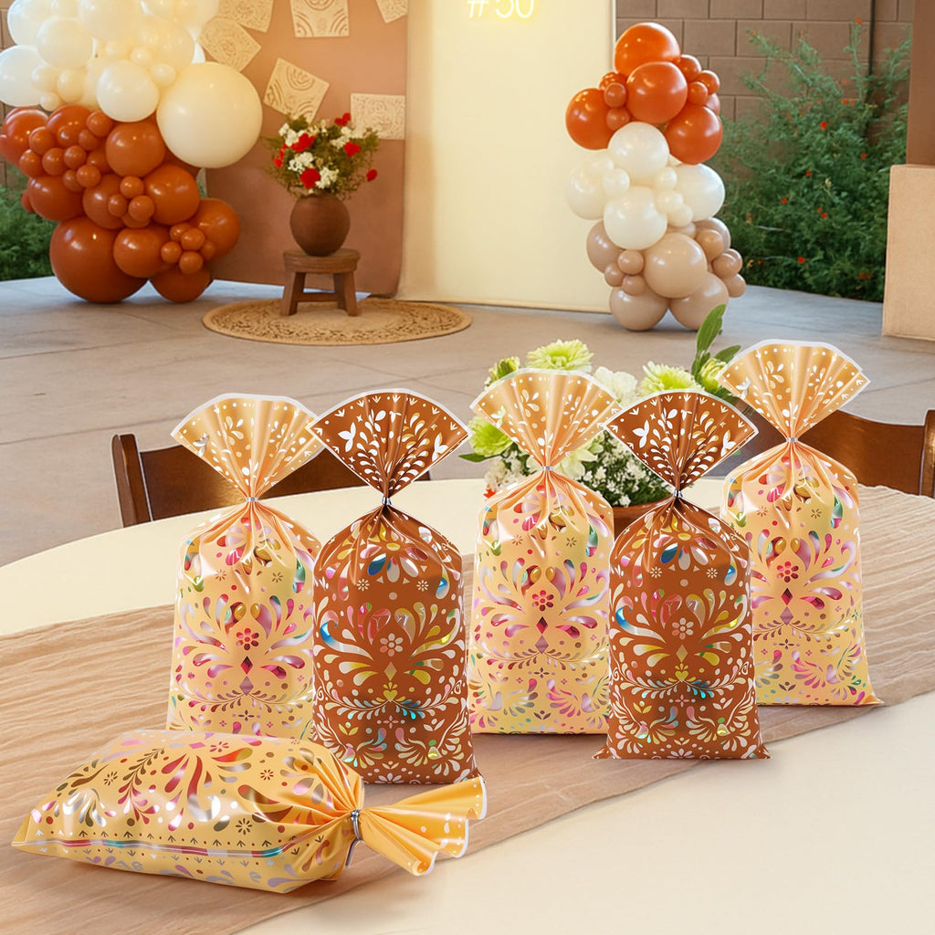 Funrous 100 Pcs Cielito Lindo Candy Bags Mexican Fiesta Gift Bags with Twist Ties Cinco De Mayo Party Favors Barro Candy Sack Talavera Sack for Mexican Wedding Fiesta Party Supplies(Brown Series)