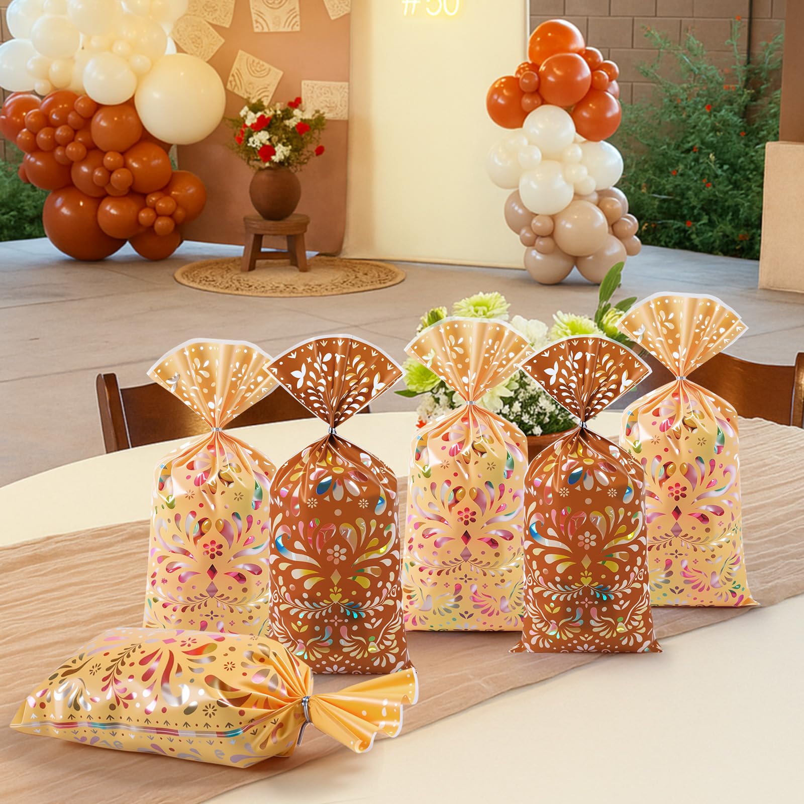 Funrous 100 Pcs Cielito Lindo Candy Bags Mexican Fiesta Gift Bags with Twist Ties Cinco De Mayo Party Favors Barro Candy Sack Talavera Sack for Mexican Wedding Fiesta Party Supplies(Brown Series)