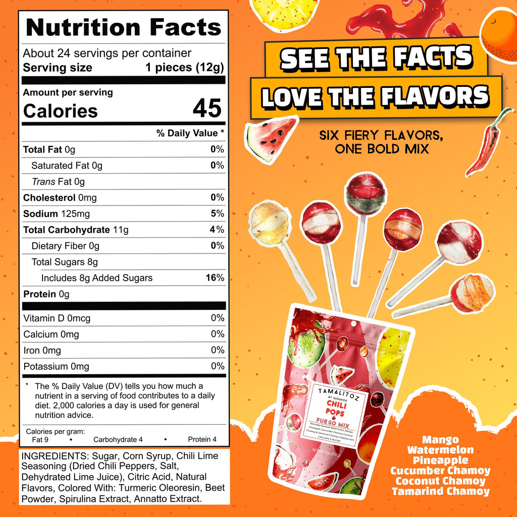 Tamalitoz Chili Pops Chamoy Spicy Mexican Lollipops with Chili, Lime, Sea Salt, Coconut, Tamarind & Cucumber Flavors Fruity Handcrafted Candy, Gluten-Free, Kosher, 2 Bags, (11oz)