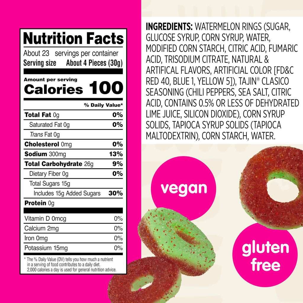 Snak Club Tajin Mango Rings Gummy Candy, Fruit Candy Gummies with Chili and Lime Seasoning, Mild, Gluten-Free and Vegan Snacks, 11 oz Resealable Bag
