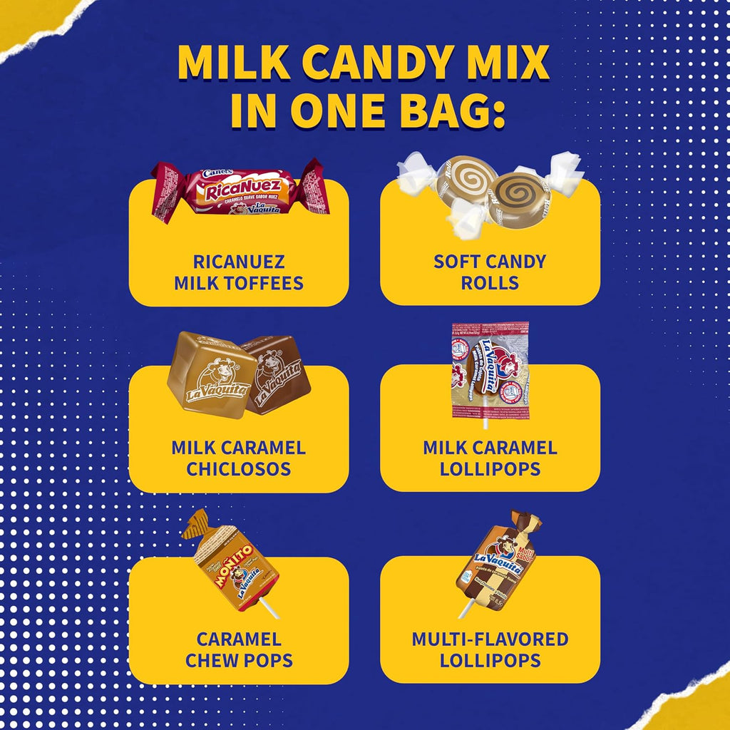 Canel's La Vaquita Assorted Milk Candy Mix, with Caramels, Coconut, Chocolate, and Pecan, Soft and Hard Candy and Lollipops, for Parties and Sharing, 2 Pound Bag (Pack of 1)