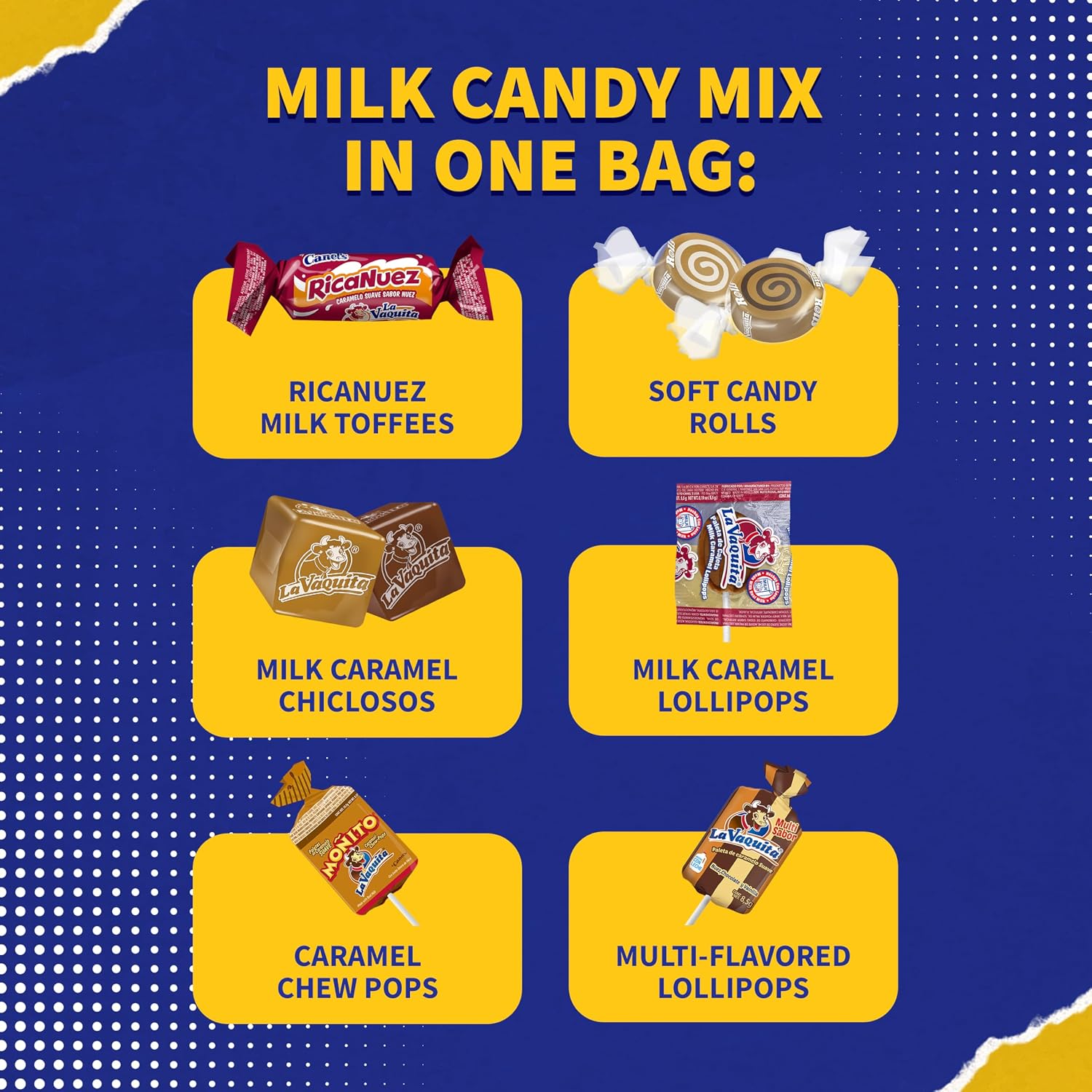 Canel's La Vaquita Assorted Milk Candy Mix, with Caramels, Coconut, Chocolate, and Pecan, Soft and Hard Candy and Lollipops, for Parties and Sharing, 2 Pound Bag (Pack of 1)