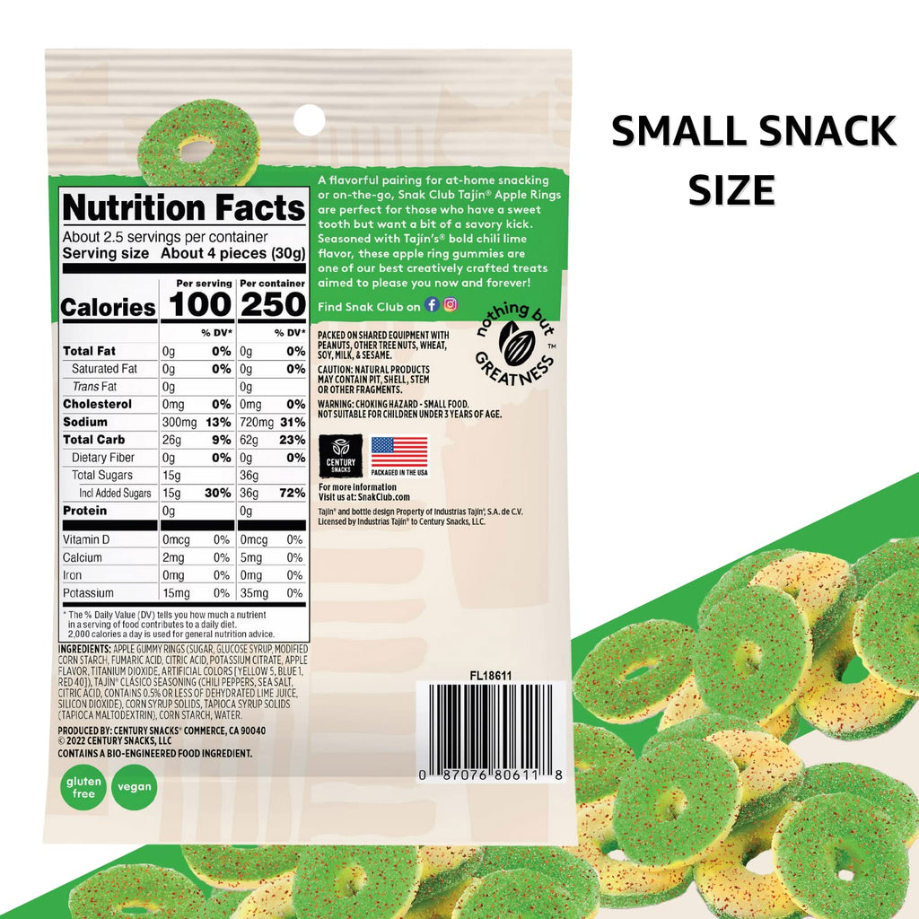 Snak Club Tajin Watermelon Rings, Chili & Lime Gummy Snacks, Mild in Heat Bold in Flavor, Gluten-Free Snack, 2.25oz,(Pack of 12)