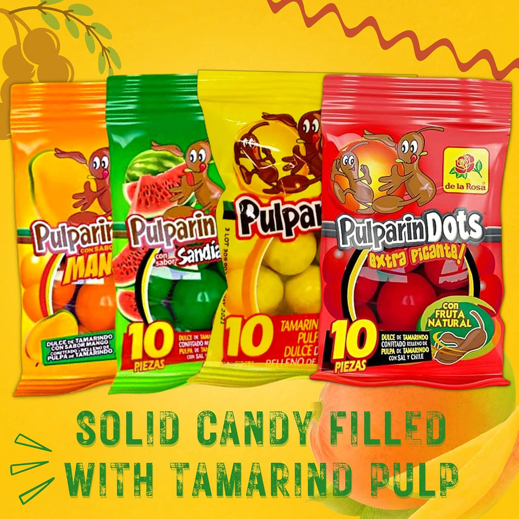 Sweetzo - Sweet and Spicy Pulparindo Mexican Candy, Colorful Bite Size Hard Shell with Tamarind Pulp Center, Individual Single Serving Bags, Hispanic Candies, Pack of 4