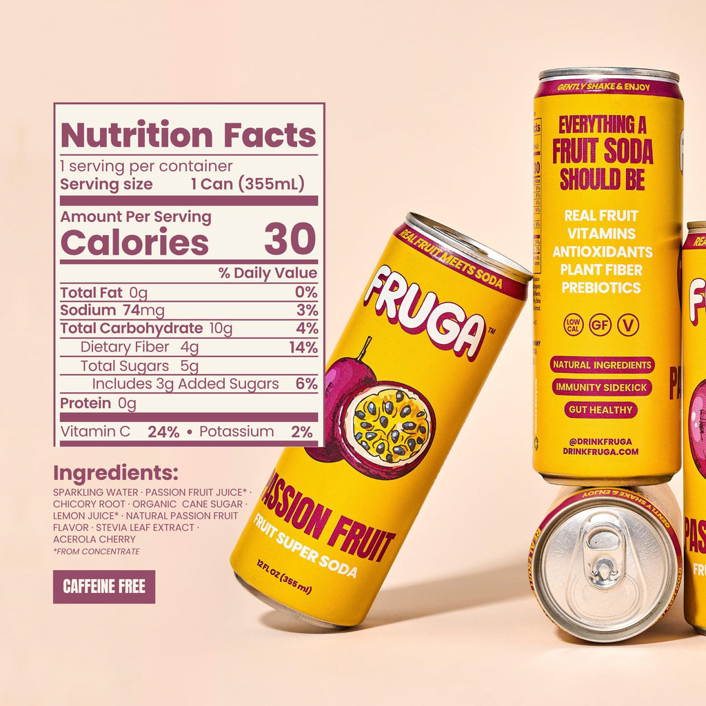FRUGA Four Real Mix Fruit Soda Pack, Prebiotic Soda Pop Drinks, 12 Pack