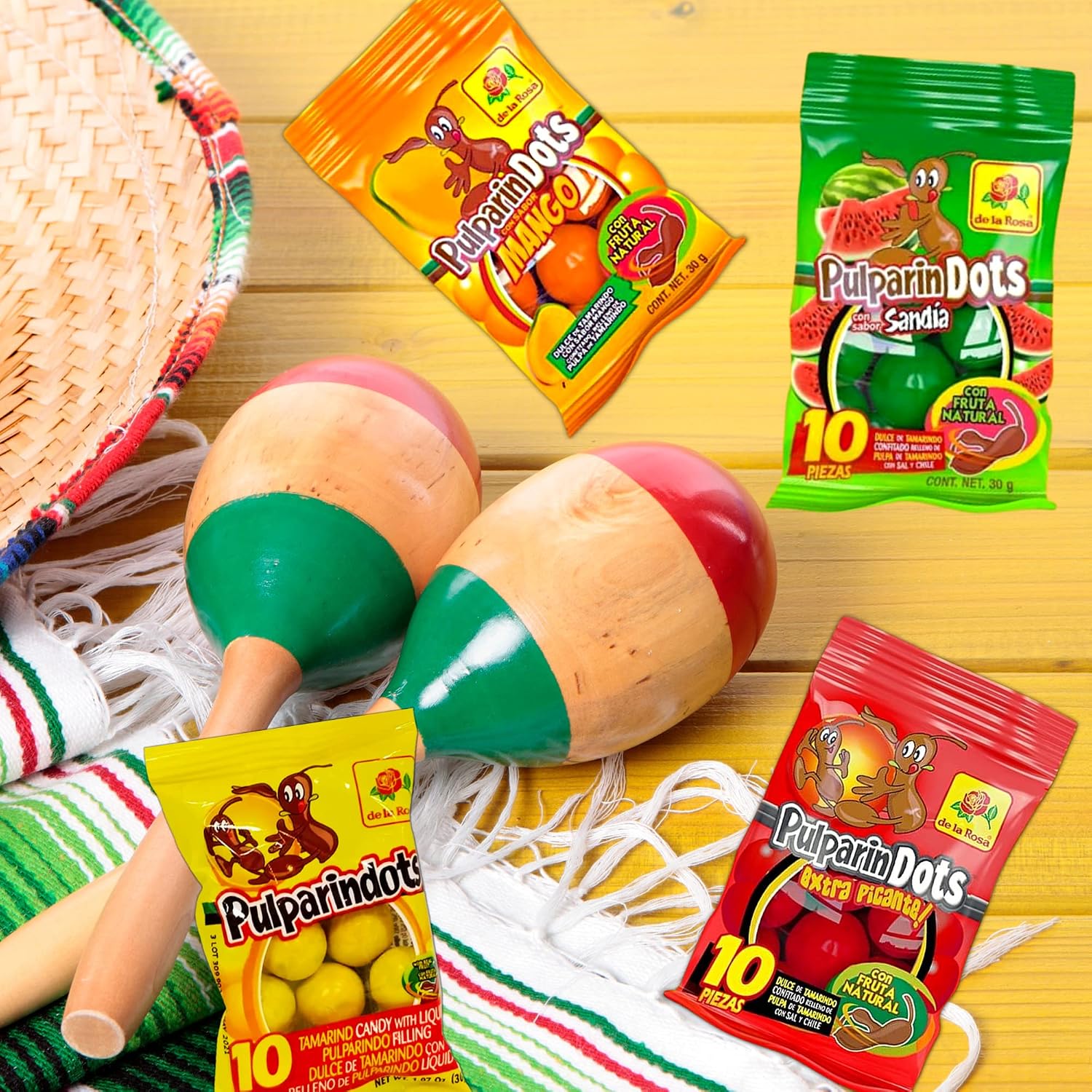 Sweetzo - Sweet and Spicy Pulparindo Mexican Candy, Colorful Bite Size Hard Shell with Tamarind Pulp Center, Individual Single Serving Bags, Hispanic Candies, Pack of 4