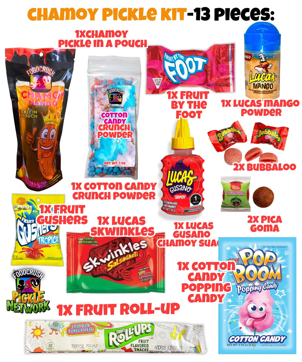 Blue Raspberry Pickle Kit With Takis-Mexican Candy Gift Box From Tiktok Fruit Rollup, Lucas Gusano Chamoy, Lucas Swinkles Salsagheti, Gushers, Mango Candy Powder-Tiktok Trend Item by Food Crush