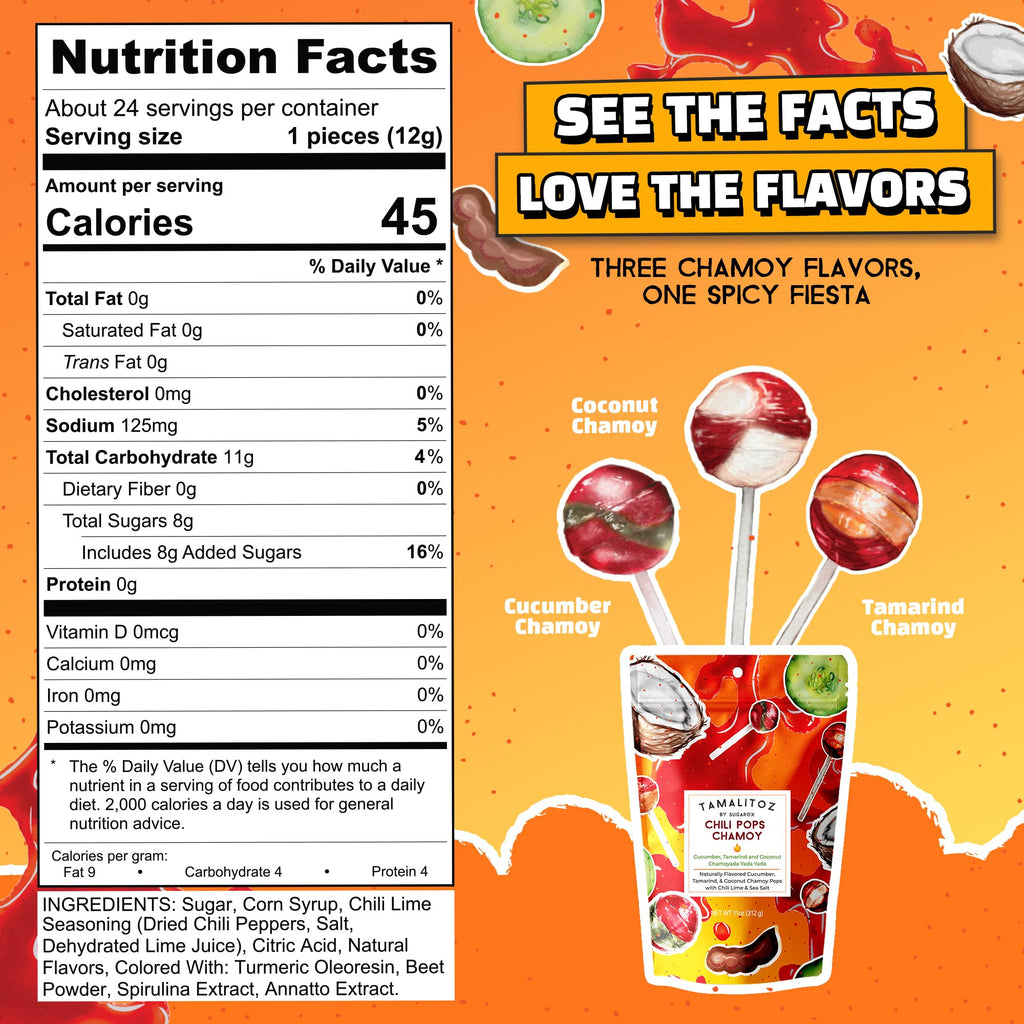 Tamalitoz Chili Pops Chamoy Spicy Mexican Lollipops with Chili, Lime, Sea Salt, Coconut, Tamarind & Cucumber Flavors Fruity Handcrafted Candy, Gluten-Free, Kosher, 2 Bags, (11oz)