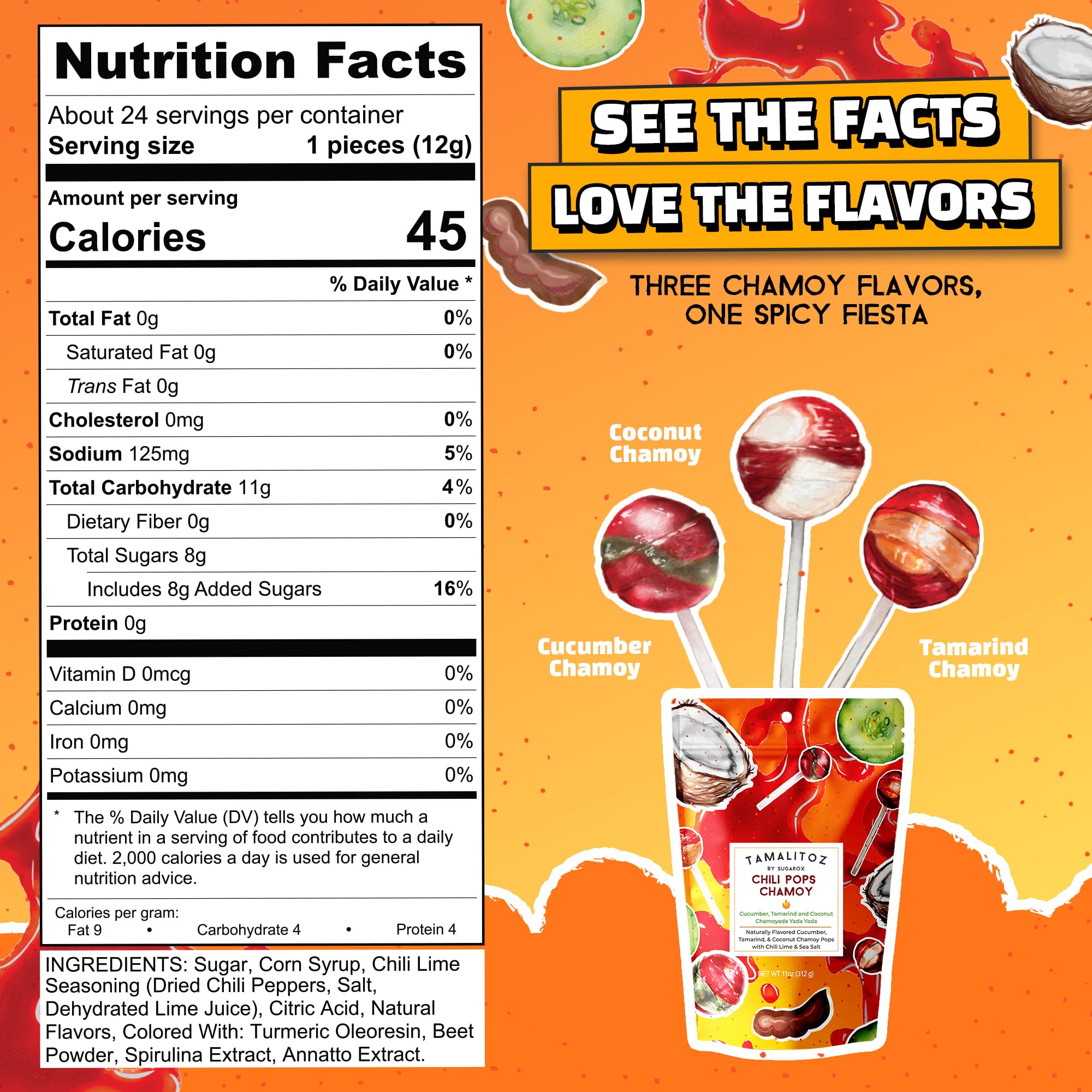 Tamalitoz Chili Pops Chamoy Spicy Mexican Lollipops with Chili, Lime, Sea Salt, Coconut, Tamarind & Cucumber Flavors Fruity Handcrafted Candy, Gluten-Free, Kosher, 2 Bags, (11oz)