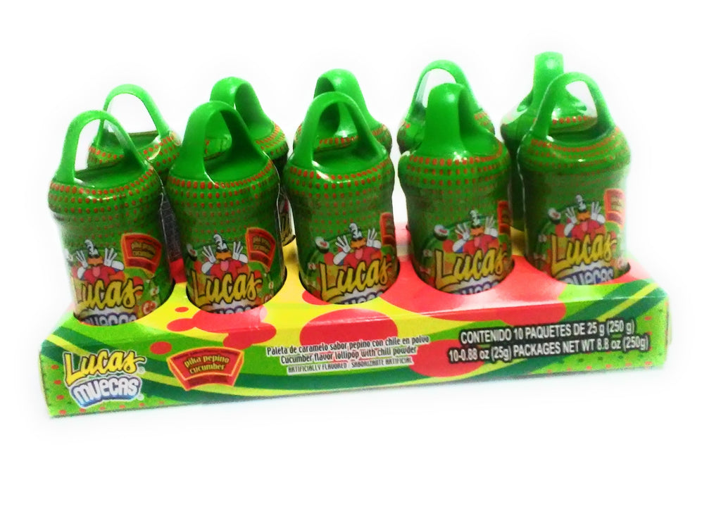 Lucas Muecas Pepino Cucumber Flavored Lollipop with Chili Powder Mexican Candy, 10 Pieces