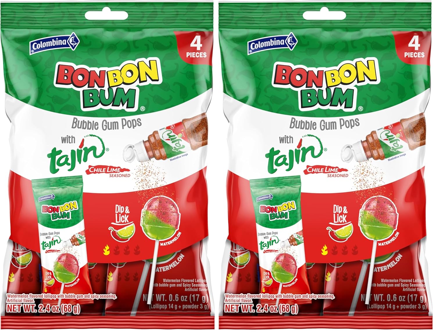 Colombina Bon Bon Bum Tropical Passion Fruit & Watermelon with Tajin Seasoning Chile Lime Dip, 20 Count (Pack of 1)