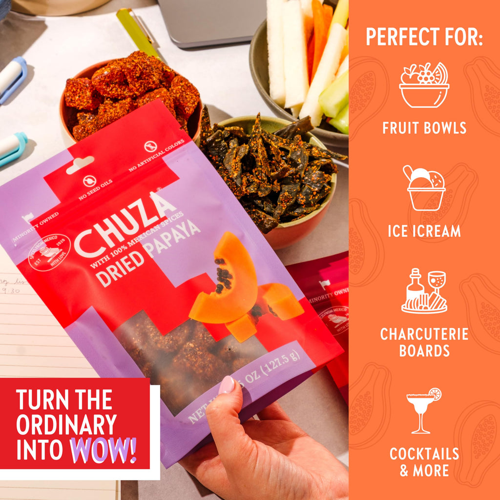 CHUZA Spicy Dried Mango Snacks Bites (4.5 oz. Pack of 2) – Mexican Candy Style Sweet Chili Dried Mango, with Chili Seasoning, Chili Powder, Dried Fruit Snacks, Spicy Snacks
