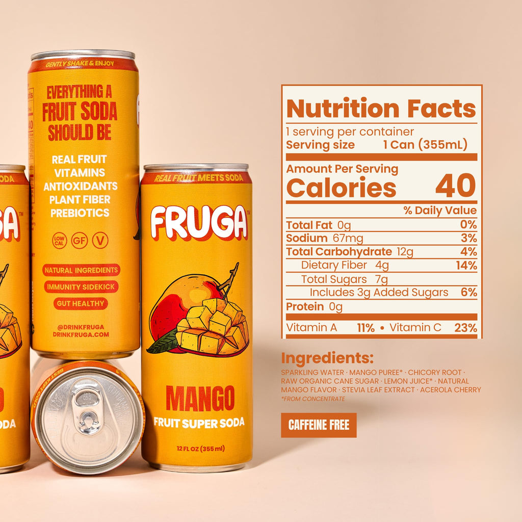 FRUGA Four Real Mix Fruit Soda Pack, Prebiotic Soda Pop Drinks, 12 Pack