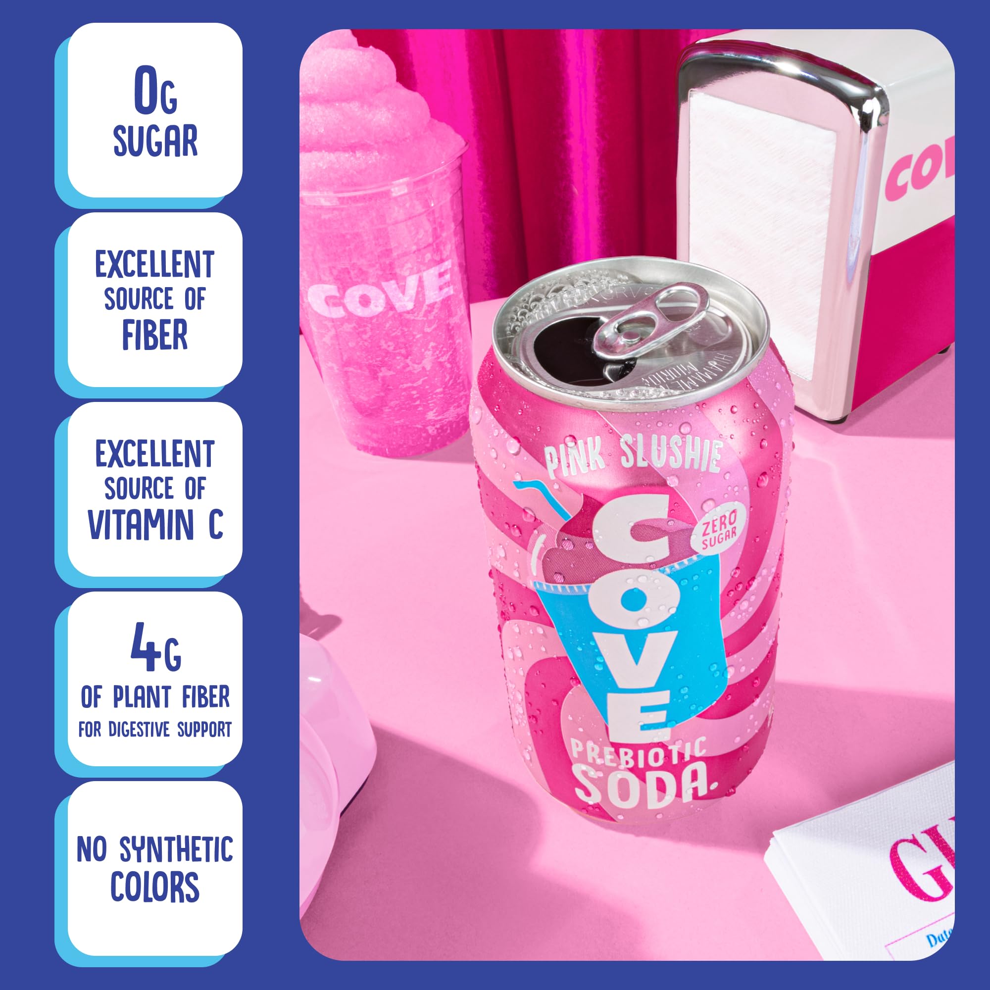 Cove Prebiotic Soda Soft Drinks with Zero Sugar - Refreshing Healthy Soda Alternative with 4g of Fiber for Digestive Support - Natural, Caffeine Free Sparkling Beverage - Frozen Favorites, 12 Pack