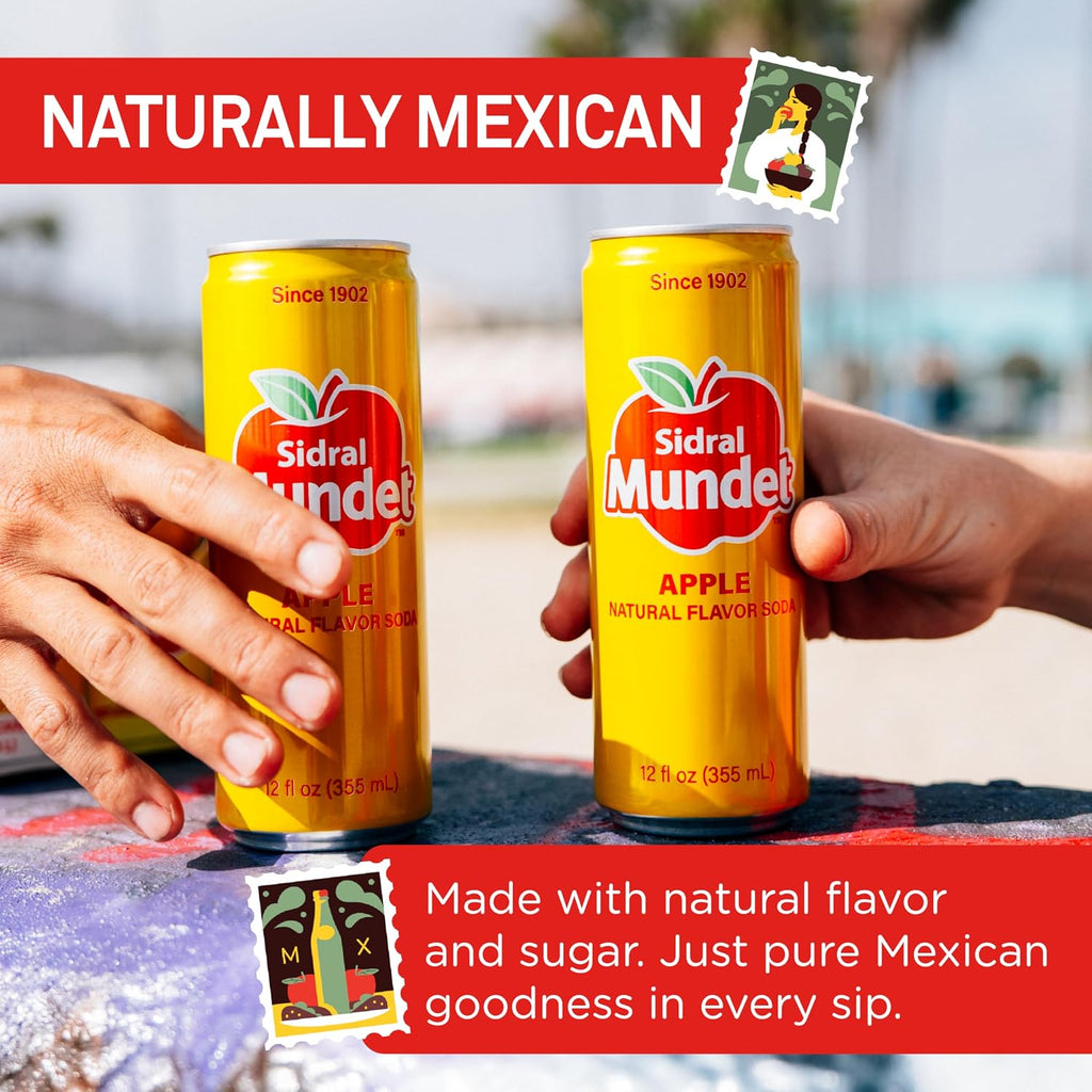 Sidral Mundet - Mexican Soda Soft Drinks, Apple (12 oz, 355ml) 24 Cans - Caffeine Free, Gluten Free - Real Cane Sugar - 0g Fat - Made in Mexico - Natural Flavor Soda Pop - Over 120 Years