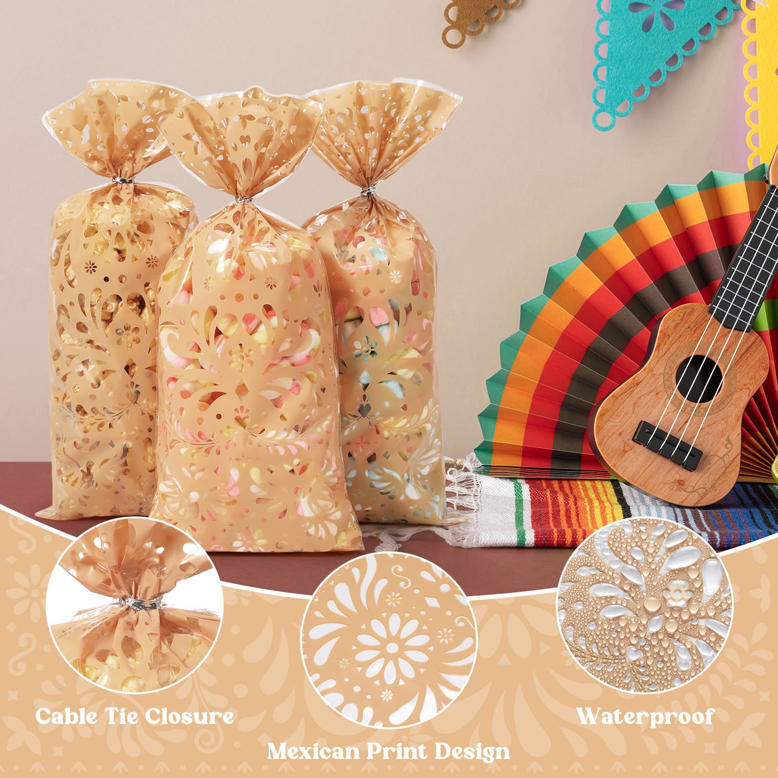 Funrous 100 Pcs Cielito Lindo Candy Bags Mexican Fiesta Gift Bags with Twist Ties Cinco De Mayo Party Favors Barro Candy Sack Talavera Sack for Mexican Wedding Fiesta Party Supplies(Brown Series)