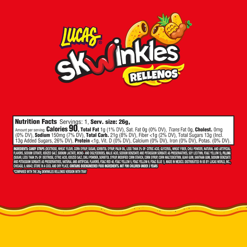Lucas Skwinkles Pineapple - Tamarind Filled Flavored Sweet & Sour Candy Strips, 0.92oz - 12 Pieces for Treats, Fruit, Parties, Piñatas