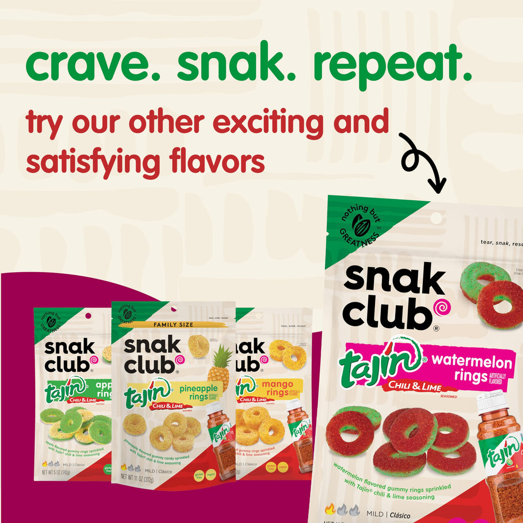 Snak Club Tajin Mango Rings Gummy Candy, Fruit Candy Gummies with Chili and Lime Seasoning, Mild, Gluten-Free and Vegan Snacks, 11 oz Resealable Bag