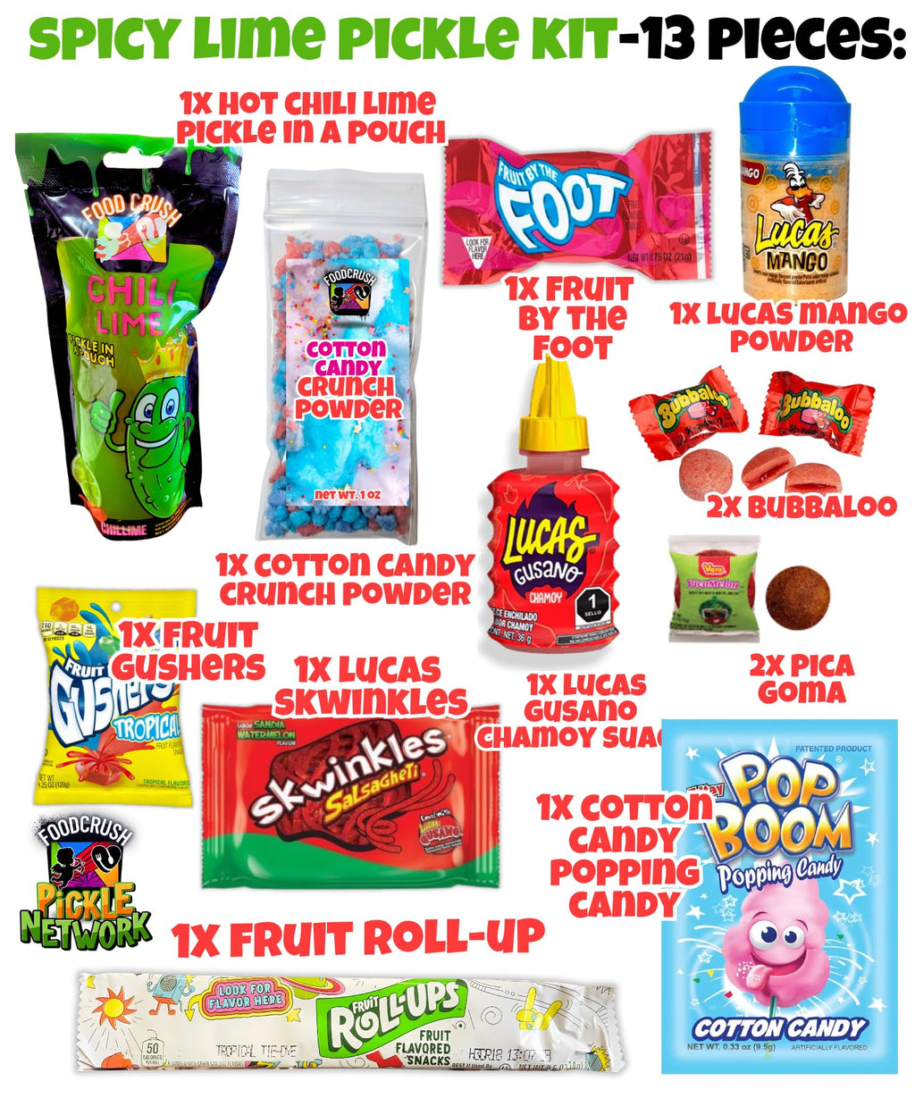 Blue Raspberry Pickle Kit With Takis-Mexican Candy Gift Box From Tiktok Fruit Rollup, Lucas Gusano Chamoy, Lucas Swinkles Salsagheti, Gushers, Mango Candy Powder-Tiktok Trend Item by Food Crush