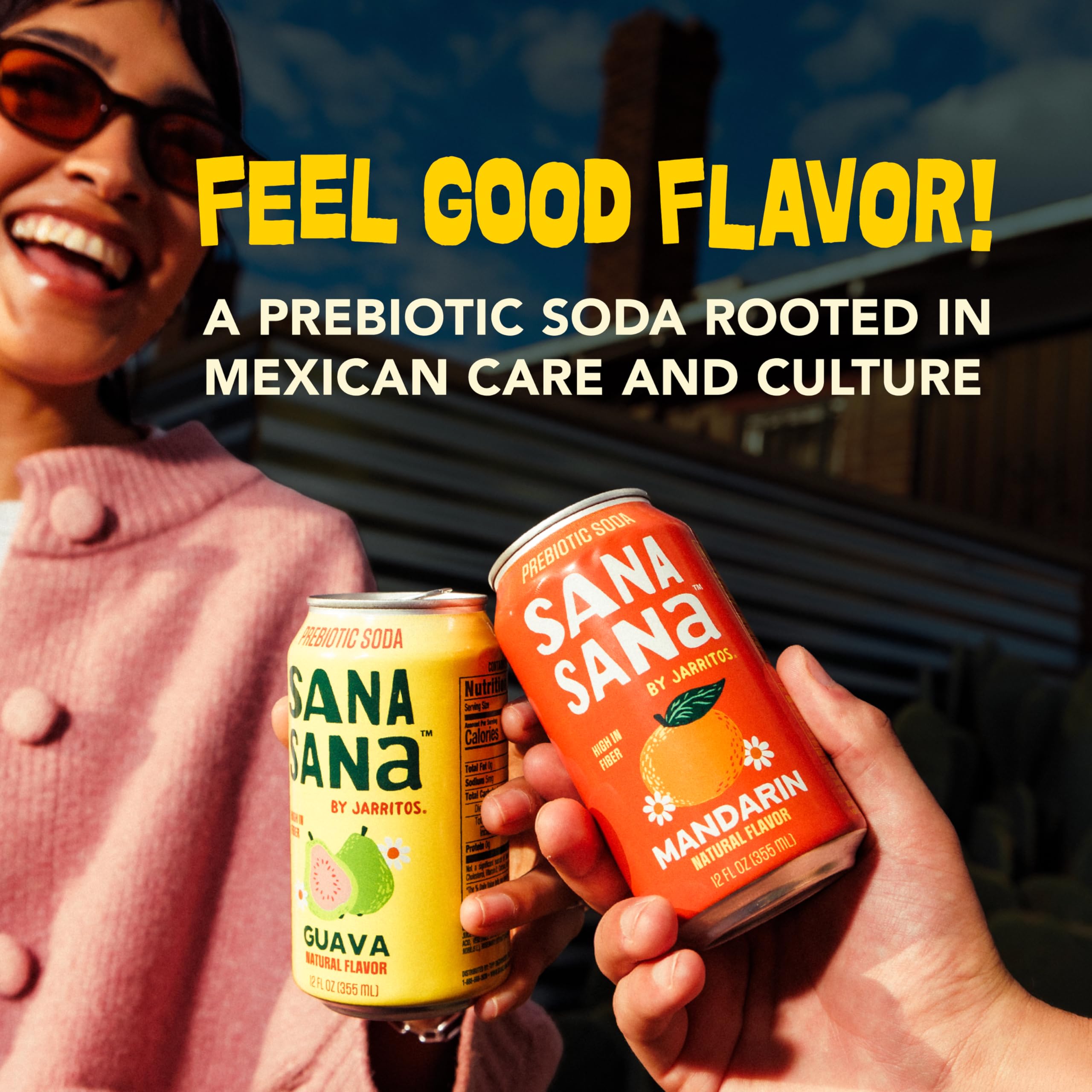 Sana Sana by Jarritos - Mexican Prebiotic Soda Soft Drinks, Guava (12 oz, 355ml) 12 Cans - 40 Calories, 10g of Fiber - Low Sugar - Natural Flavor Soda Pop